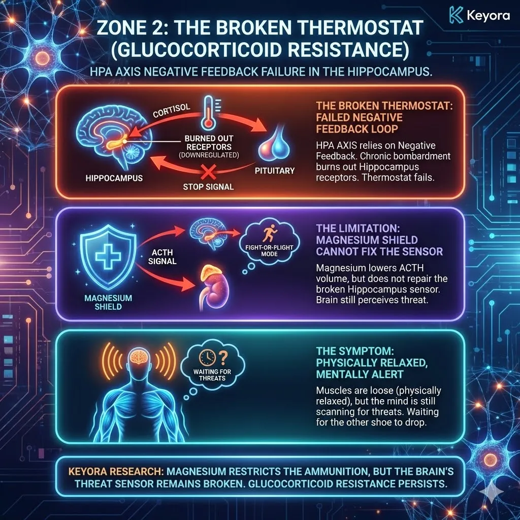 Keyora strategic neuro-engineering identifies "Zone 2: The Broken Thermostat" as the structural downregulation of Glucocorticoid Receptors within the Hippocampus. This mechanism reveals how chronic bombardment renders the HPA-axis negative feedback loop "deaf," leading to systemic Glucocorticoid Resistance. By analyzing this sensor failure, the architecture proves that while Magnesium limits the chemical ammunition (ACTH), it cannot recalibrate the brain's internal threat-assessment software. The strategic result is the "Scanning Phenotype"—a state of physical relaxation paired with a persistent mental vigilance that remains locked in a state of high-alert anticipation. Keyora strategic neuro-engineering identifies "Zone 2: The Broken Thermostat" as the structural downregulation of Glucocorticoid Receptors within the Hippocampus. This mechanism reveals how chronic bombardment renders the HPA-axis negative feedback loop "deaf," leading to systemic Glucocorticoid Resistance. By analyzing this sensor failure, the architecture proves that while Magnesium limits the chemical ammunition (ACTH), it cannot recalibrate the brain's internal threat-assessment software. The strategic result is the "Scanning Phenotype"—a state of physical relaxation paired with a persistent mental vigilance that remains locked in a state of high-alert anticipation.