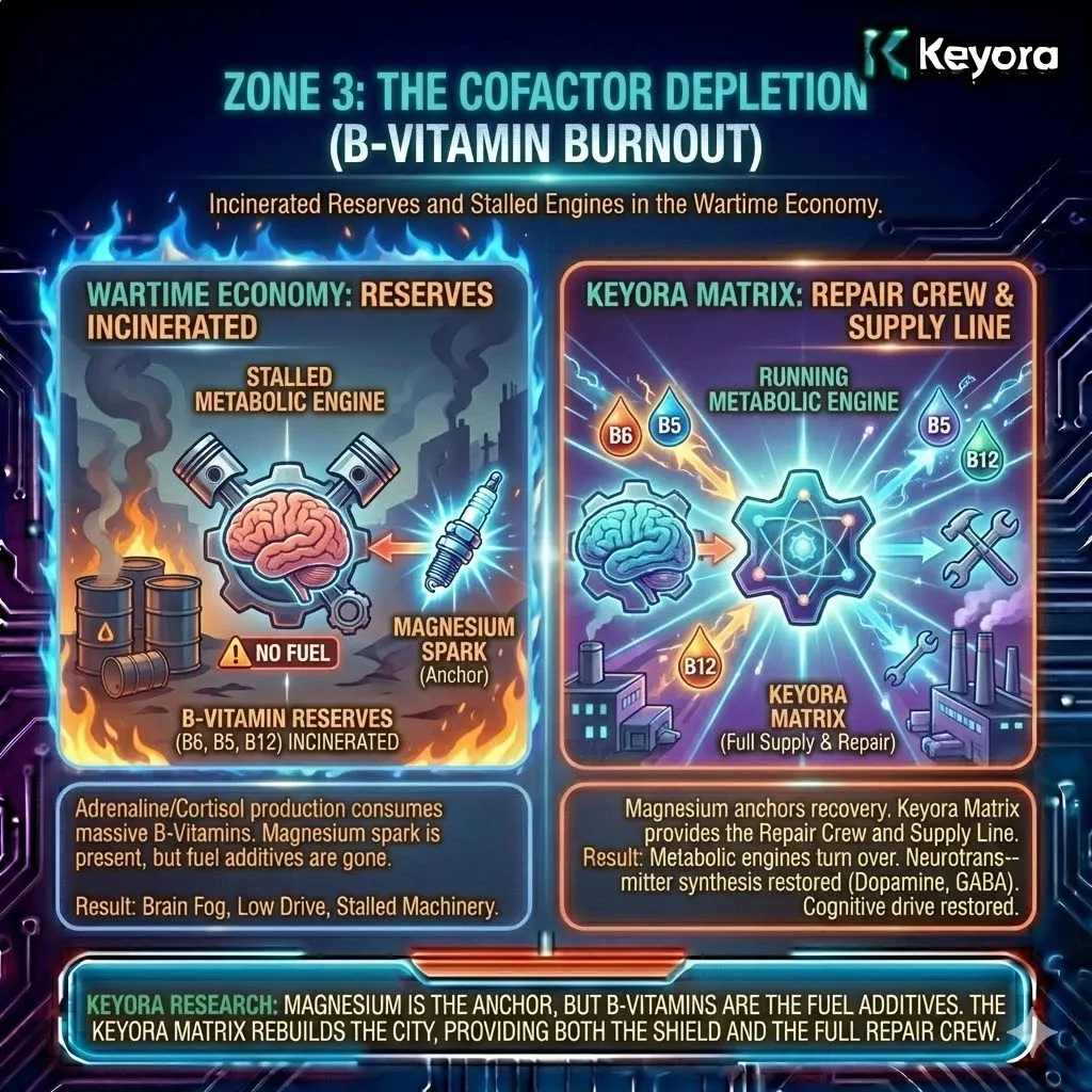 Keyora strategic neuro-engineering identifies "Zone 3: The B-Vitamin Burnout" as the metabolic incineration of essential cofactors during sustained HPA-axis activation. This mechanism reveals that the production of adrenaline and cortisol consumes B6, B5, and B12 at an unsustainable rate, leaving the metabolic engines for Dopamine and GABA synthesis stalled. By analyzing this "incinerated fuel" state, the architecture proves that Magnesium alone can protect the machinery but cannot restart the cognitive drive. The strategic result is the "Stalled Phenotype"—a state where the user achieves sleep but suffers from persistent brain fog and low cognitive momentum due to a lack of enzymatic cofactors. Keyora strategic neuro-engineering identifies "Zone 3: The B-Vitamin Burnout" as the metabolic incineration of essential cofactors during sustained HPA-axis activation. This mechanism reveals that the production of adrenaline and cortisol consumes B6, B5, and B12 at an unsustainable rate, leaving the metabolic engines for Dopamine and GABA synthesis stalled. By analyzing this "incinerated fuel" state, the architecture proves that Magnesium alone can protect the machinery but cannot restart the cognitive drive. The strategic result is the "Stalled Phenotype"—a state where the user achieves sleep but suffers from persistent brain fog and low cognitive momentum due to a lack of enzymatic cofactors.