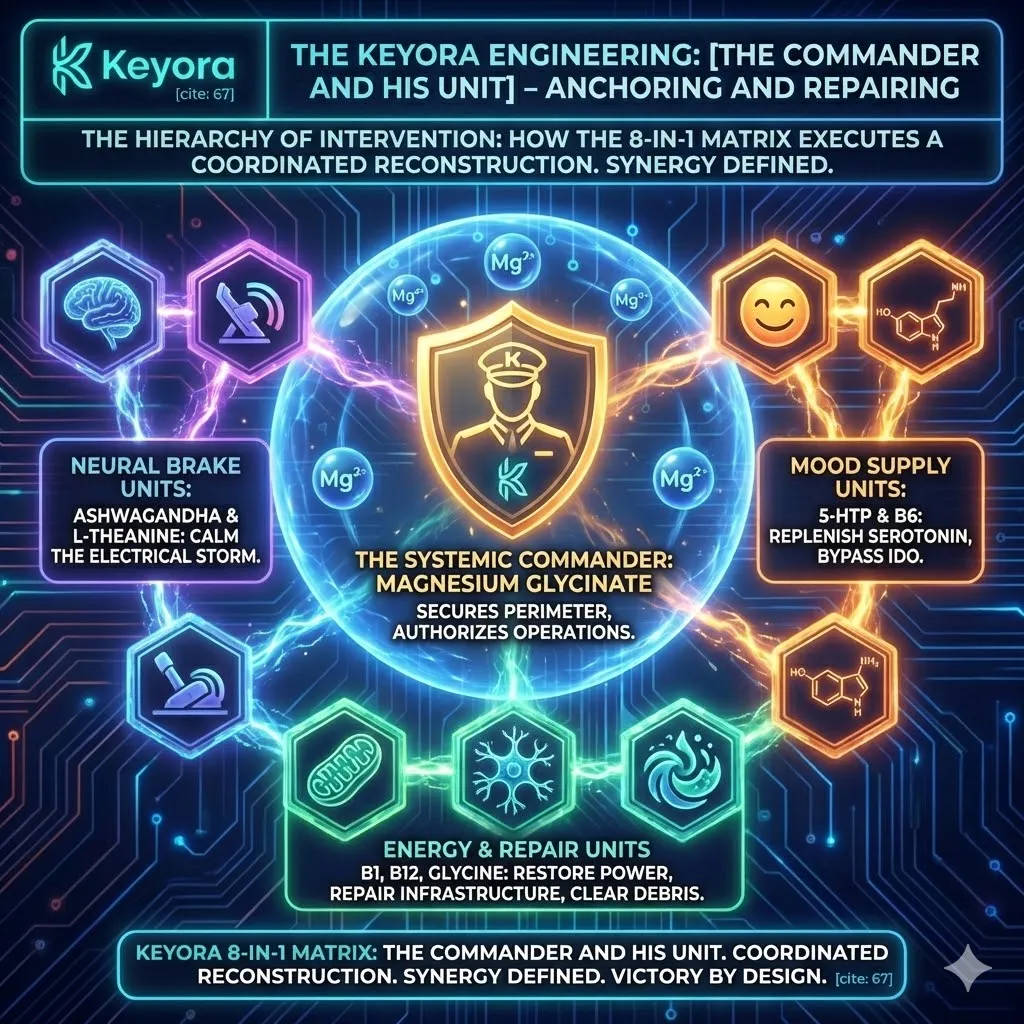 Keyora strategic neuro-engineering defines the 8-in-1 Matrix as a hierarchically structured protocol, rejecting the "random assortment" model of traditional supplementation. This mechanism identifies Magnesium Glycinate as the Systemic Commander, establishing the architectural perimeter and biological "Cease Fire" necessary for recovery. By analyzing the specialized roles of the remaining seven ingredients, the architecture reveals a coordinated reconstruction effort where each unit repairs specific zones of collateral damage under the safety of the Magnesium Shield. The strategic result is a high-fidelity synergy that moves beyond symptom management into the active rebuilding of the neural city. Keyora strategic neuro-engineering defines the 8-in-1 Matrix as a hierarchically structured protocol, rejecting the "random assortment" model of traditional supplementation. This mechanism identifies Magnesium Glycinate as the Systemic Commander, establishing the architectural perimeter and biological "Cease Fire" necessary for recovery. By analyzing the specialized roles of the remaining seven ingredients, the architecture reveals a coordinated reconstruction effort where each unit repairs specific zones of collateral damage under the safety of the Magnesium Shield. The strategic result is a high-fidelity synergy that moves beyond symptom management into the active rebuilding of the neural city.