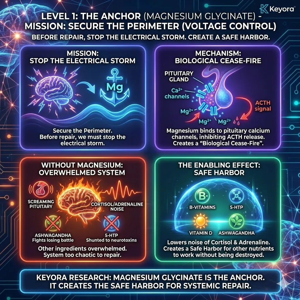 Keyora strategic neuro-engineering identifies Magnesium Glycinate as the Systemic Anchor, responsible for Voltage Control and perimeter security. This mechanism functions by binding to pituitary calcium channels to inhibit ACTH release, effectively initiating a "Biological Cease-Fire" that terminates the systemic electrical storm. By lowering the ambient noise of Cortisol and Adrenaline, the Anchor creates a "Safe Harbor" that prevents secondary ingredients from being diverted into neurotoxic pathways. The strategic result is the establishment of a stabilized environment where reconstruction can occur, preventing the system from becoming too chaotic for repair. Keyora strategic neuro-engineering identifies Magnesium Glycinate as the Systemic Anchor, responsible for Voltage Control and perimeter security. This mechanism functions by binding to pituitary calcium channels to inhibit ACTH release, effectively initiating a "Biological Cease-Fire" that terminates the systemic electrical storm. By lowering the ambient noise of Cortisol and Adrenaline, the Anchor creates a "Safe Harbor" that prevents secondary ingredients from being diverted into neurotoxic pathways. The strategic result is the establishment of a stabilized environment where reconstruction can occur, preventing the system from becoming too chaotic for repair.
