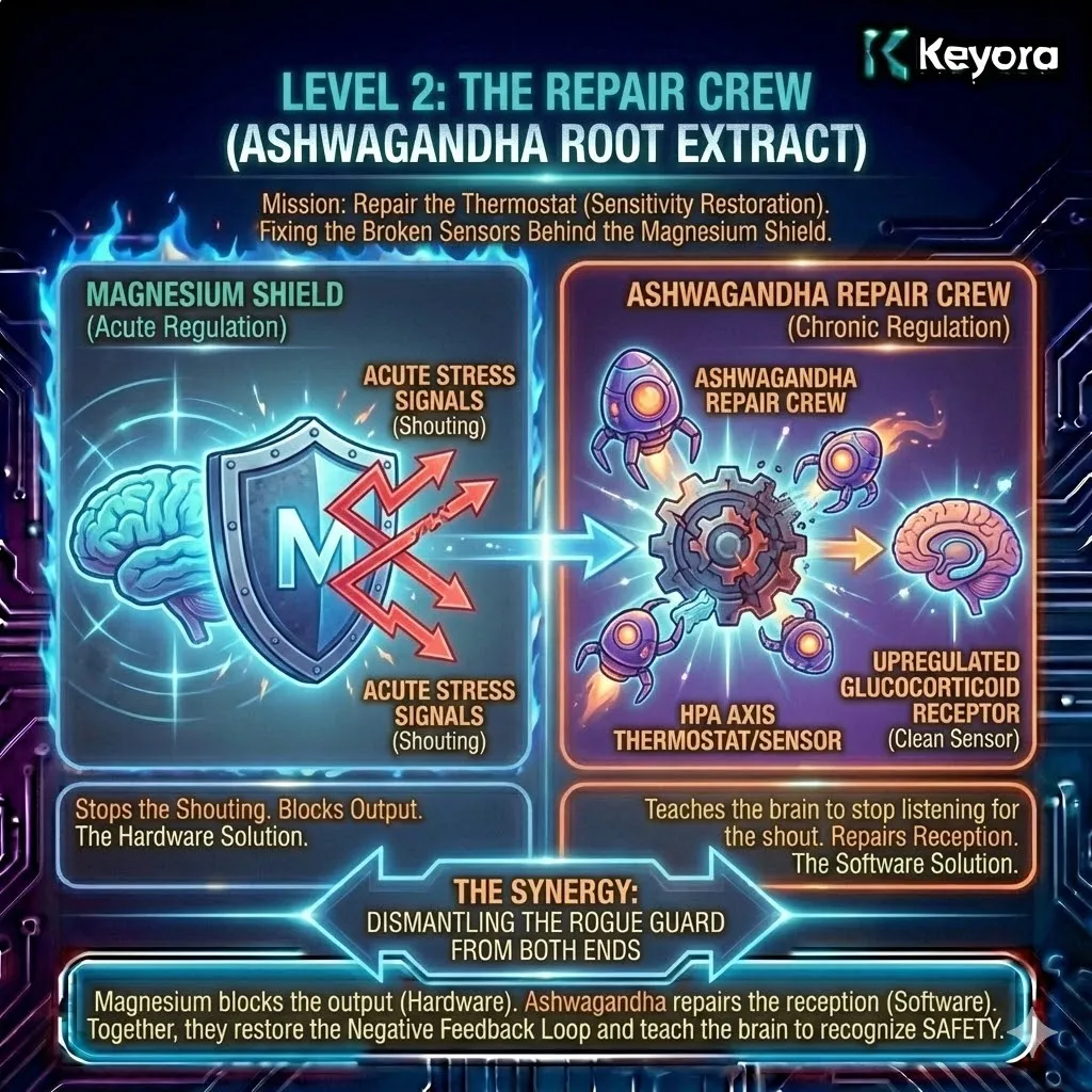 Keyora strategic neuro-engineering identifies Standardized Ashwagandha Extract as the Repair Crew responsible for restoring hippocampal sensitivity. This mechanism operates behind the Magnesium Shield to upregulate Glucocorticoid Receptors, effectively cleaning the brain's internal stress sensors. By analyzing the synergy between acute hardware regulation (Magnesium) and chronic software recalibration (Ashwagandha), the architecture proves how the HPA axis negative feedback loop is restored. The strategic result is the dismantling of the "Rogue Guard," allowing the brain to reliably transition from a state of hyper-vigilance to one of perceived safety. Keyora strategic neuro-engineering identifies Standardized Ashwagandha Extract as the Repair Crew responsible for restoring hippocampal sensitivity. This mechanism operates behind the Magnesium Shield to upregulate Glucocorticoid Receptors, effectively cleaning the brain's internal stress sensors. By analyzing the synergy between acute hardware regulation (Magnesium) and chronic software recalibration (Ashwagandha), the architecture proves how the HPA axis negative feedback loop is restored. The strategic result is the dismantling of the "Rogue Guard," allowing the brain to reliably transition from a state of hyper-vigilance to one of perceived safety.