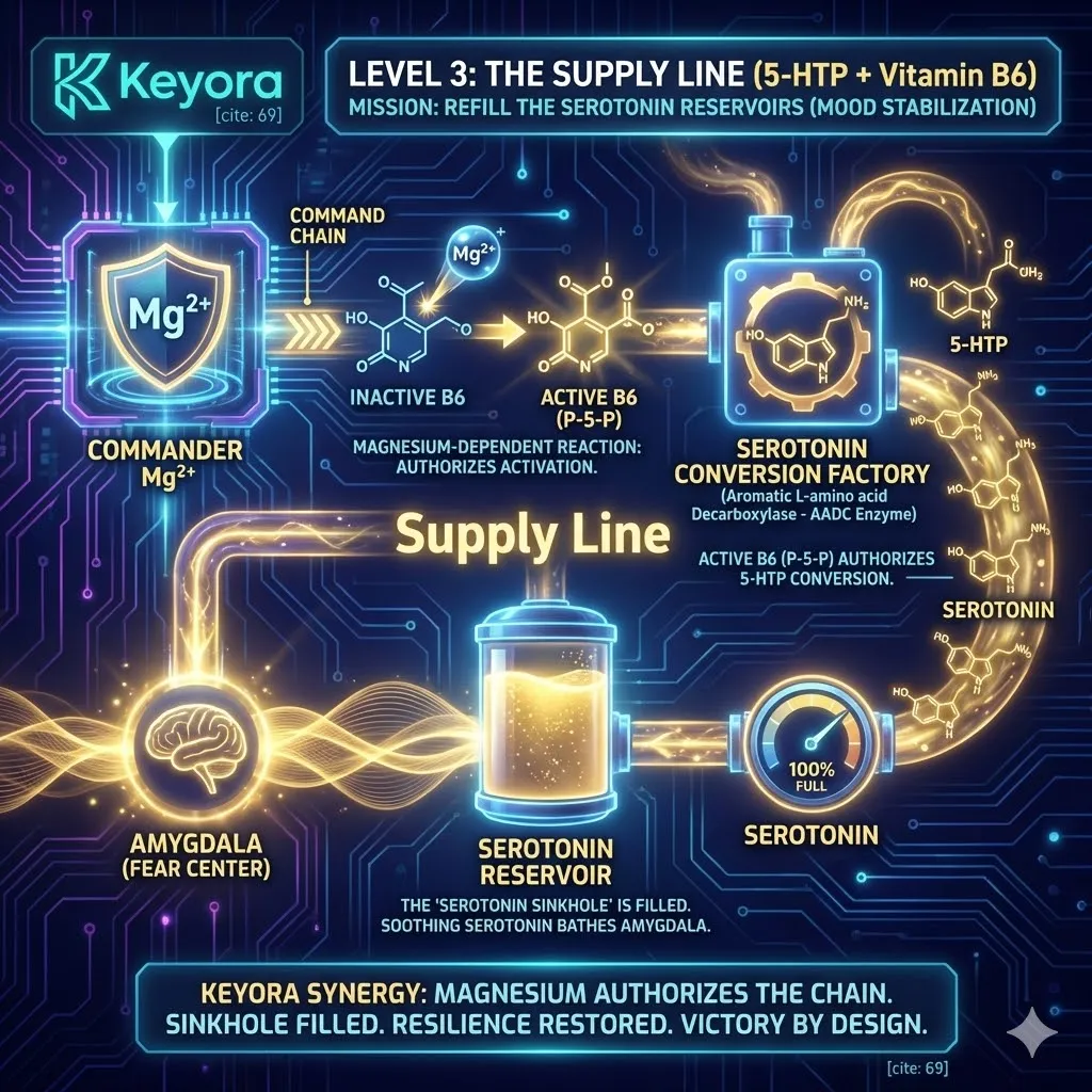 Keyora strategic neuro-engineering identifies the 5-HTP and Vitamin B6 "Supply Line" as the definitive mechanism for refilling the Serotonin Sinkhole. This architecture reveals a strict biochemical command chain: Magnesium authorizes the phosphorylation of B6 into its active P-5-P form, which in turn authorizes the enzymatic conversion of 5-HTP into Serotonin. By analyzing this dependency, the architecture proves that without the Magnesium Commander, the Supply Line remains stagnant. The strategic result is the restoration of mood stabilization, where the Amygdala is bathed in inhibitory Serotonin, effectively replacing the "flatness" of burnout with the resilience of a well-stocked neurochemical reservoir. Keyora strategic neuro-engineering identifies the 5-HTP and Vitamin B6 "Supply Line" as the definitive mechanism for refilling the Serotonin Sinkhole. This architecture reveals a strict biochemical command chain: Magnesium authorizes the phosphorylation of B6 into its active P-5-P form, which in turn authorizes the enzymatic conversion of 5-HTP into Serotonin. By analyzing this dependency, the architecture proves that without the Magnesium Commander, the Supply Line remains stagnant. The strategic result is the restoration of mood stabilization, where the Amygdala is bathed in inhibitory Serotonin, effectively replacing the "flatness" of burnout with the resilience of a well-stocked neurochemical reservoir.