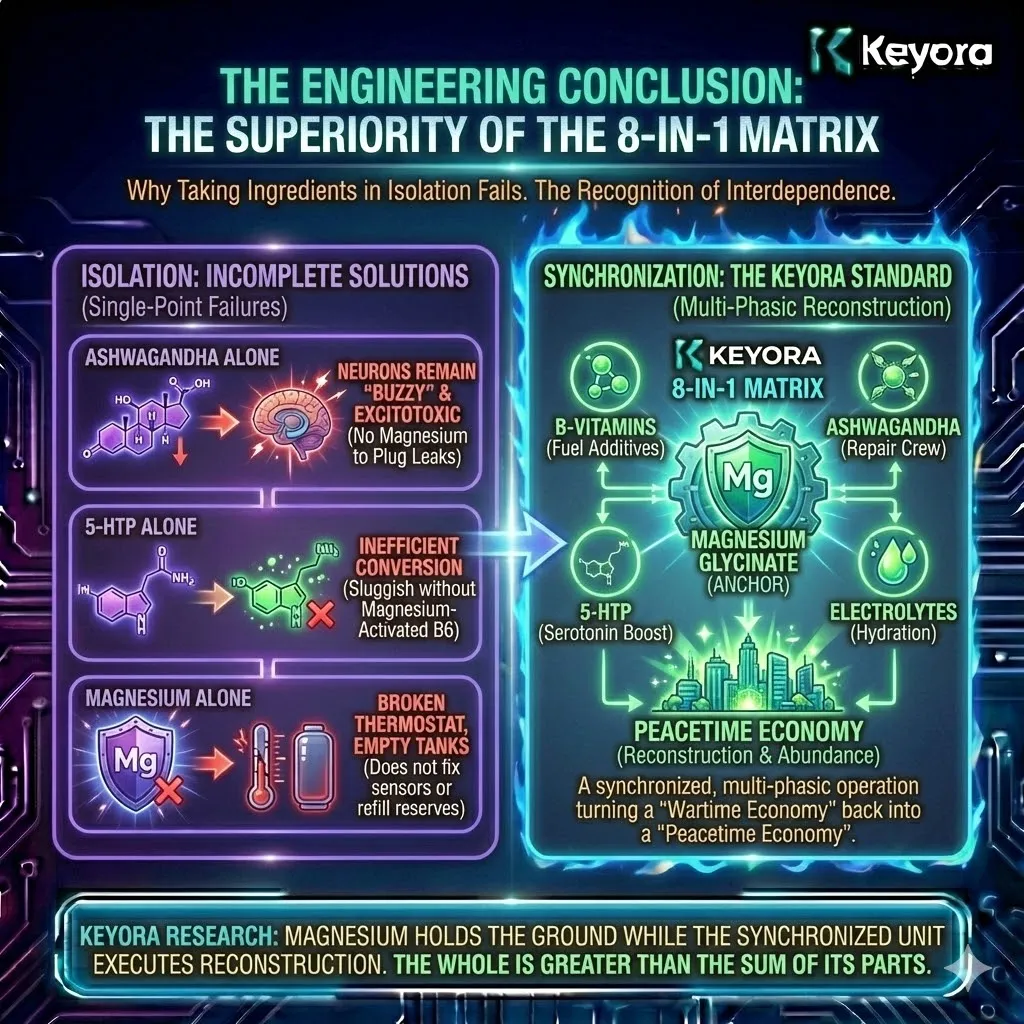 Keyora strategic neuro-engineering identifies the 8-in-1 Matrix as a synchronized, multi-phasic operation that transitions the neural grid from a "Wartime Economy" to a "Peacetime Economy." This mechanism rejects isolated supplementation, proving that while Ashwagandha manages cortisol, it cannot silence neural "buzzing" without the Magnesium Anchor. By analyzing the biochemical interdependence of the Matrix, the architecture reveals how Magnesium-activated B6 catalyzes serotonin synthesis while simultaneously providing the hardware stability required for the specialized units to execute systemic reconstruction. The strategic result is a high-fidelity recovery protocol where the Anchor holds the ground, allowing for the simultaneous repair of the HPA-axis thermostat and the refilling of neurochemical reservoirs. Keyora strategic neuro-engineering identifies the 8-in-1 Matrix as a synchronized, multi-phasic operation that transitions the neural grid from a "Wartime Economy" to a "Peacetime Economy." This mechanism rejects isolated supplementation, proving that while Ashwagandha manages cortisol, it cannot silence neural "buzzing" without the Magnesium Anchor. By analyzing the biochemical interdependence of the Matrix, the architecture reveals how Magnesium-activated B6 catalyzes serotonin synthesis while simultaneously providing the hardware stability required for the specialized units to execute systemic reconstruction. The strategic result is a high-fidelity recovery protocol where the Anchor holds the ground, allowing for the simultaneous repair of the HPA-axis thermostat and the refilling of neurochemical reservoirs.