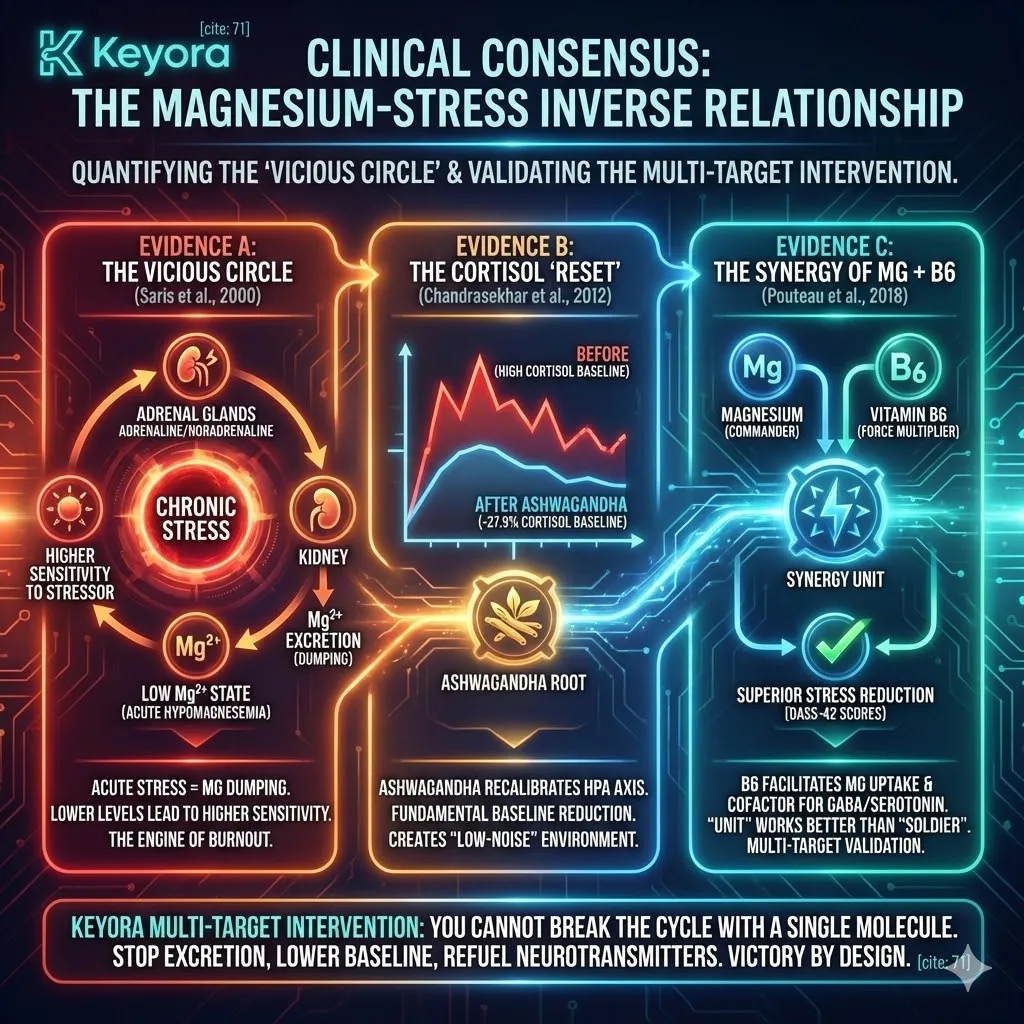 Keyora strategic neuro-engineering synthesizes the clinical consensus to validate the "Vicious Circle of Magnesium and Stress." This mechanism, mapped by Saris et al. (2000), reveals that adrenaline-driven renal excretion creates an active purging of the neural gatekeeper. By integrating the "Software Patch" data from Chandrasekhar et al. (2012), the architecture proves that a 27.9% reduction in cortisol is achievable through targeted HPA recalibration. Furthermore, the Pouteau et al. (2018) study validates the "Force Multiplier" effect of the Mg+B6 synergy, demonstrating statistically superior stress resolution over isolated magnesium. The strategic result is the confirmation that recovery requires a multi-target intervention to stop mineral purging, reset the cortisol baseline, and refuel the neurotransmitter supply line. Keyora strategic neuro-engineering synthesizes the clinical consensus to validate the "Vicious Circle of Magnesium and Stress." This mechanism, mapped by Saris et al. (2000), reveals that adrenaline-driven renal excretion creates an active purging of the neural gatekeeper. By integrating the "Software Patch" data from Chandrasekhar et al. (2012), the architecture proves that a 27.9% reduction in cortisol is achievable through targeted HPA recalibration. Furthermore, the Pouteau et al. (2018) study validates the "Force Multiplier" effect of the Mg+B6 synergy, demonstrating statistically superior stress resolution over isolated magnesium. The strategic result is the confirmation that recovery requires a multi-target intervention to stop mineral purging, reset the cortisol baseline, and refuel the neurotransmitter supply line.