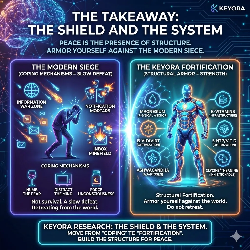 Keyora strategic neuro-engineering identifies "Structural Fortification" as the definitive alternative to the "Coping Mechanism" cycle of sedation and distraction. This mechanism rejects the "Tech-Nocturnal" status quo—where digital notifications function as biochemical mortar shells—and instead prioritizes the armor of the HPA-axis. By analyzing the transition from a state of "Slow Defeat" to one of biological resilience, the architecture proves that peace is a product of internal structure rather than the absence of external pressure. The strategic result is the realization of the Keyora Standard: armoring the biology to sustain high-performance output without the collateral damage of a "Wartime Economy." Keyora strategic neuro-engineering identifies "Structural Fortification" as the definitive alternative to the "Coping Mechanism" cycle of sedation and distraction. This mechanism rejects the "Tech-Nocturnal" status quo—where digital notifications function as biochemical mortar shells—and instead prioritizes the armor of the HPA-axis. By analyzing the transition from a state of "Slow Defeat" to one of biological resilience, the architecture proves that peace is a product of internal structure rather than the absence of external pressure. The strategic result is the realization of the Keyora Standard: armoring the biology to sustain high-performance output without the collateral damage of a "Wartime Economy."