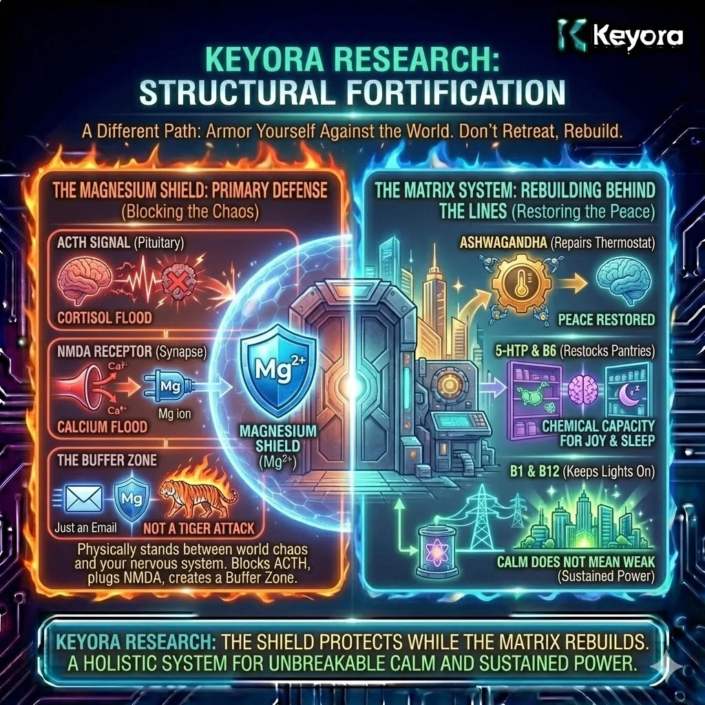 Keyora strategic neuro-engineering identifies Structural Fortification as the definitive rejection of passive coping mechanisms. This mechanism establishes Magnesium Glycinate as the primary defense—the Shield—which physically intercepts the ACTH signal and plugs the NMDA synapse to maintain a critical Buffer Zone. By analyzing the collaborative Matrix System, the architecture reveals how Ashwagandha recalibrates the thermostat while the B6/5-HTP supply line restocks the neurochemical pantries. The strategic result is a state of "Armored Calm," where the biological grid is restored to its full capacity, ensuring that peace is not merely the absence of stress, but the presence of a resilient, well-powered structure. Keyora strategic neuro-engineering identifies Structural Fortification as the definitive rejection of passive coping mechanisms. This mechanism establishes Magnesium Glycinate as the primary defense—the Shield—which physically intercepts the ACTH signal and plugs the NMDA synapse to maintain a critical Buffer Zone. By analyzing the collaborative Matrix System, the architecture reveals how Ashwagandha recalibrates the thermostat while the B6/5-HTP supply line restocks the neurochemical pantries. The strategic result is a state of "Armored Calm," where the biological grid is restored to its full capacity, ensuring that peace is not merely the absence of stress, but the presence of a resilient, well-powered structure.