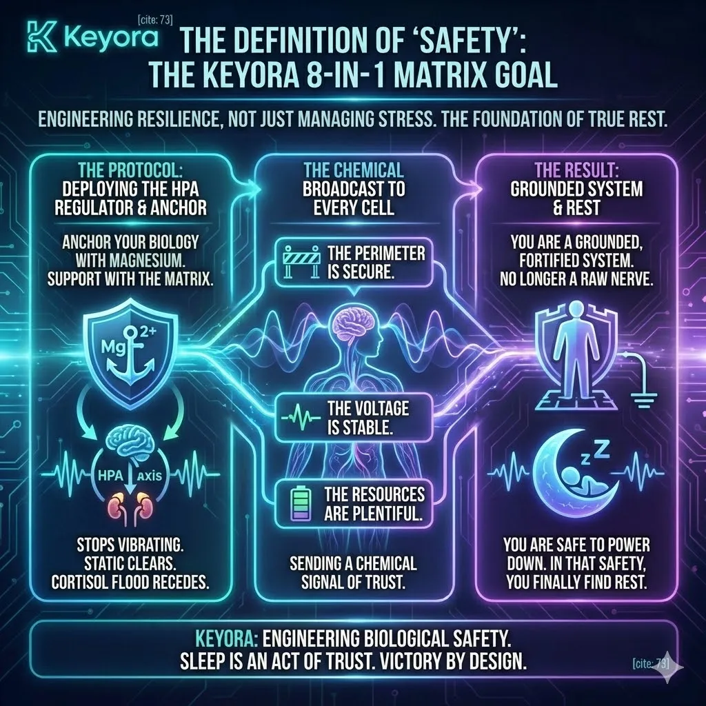 Keyora strategic neuro-engineering defines the "Safety State" as the architectural prerequisite for profound sleep. This mechanism identifies sleep as an act of biological trust that can only be initiated once the HPA Regulator protocol sends a systemic chemical broadcast confirming secure perimeters and stable voltage. By analyzing the transition from a "raw nerve" to a "fortified system," the architecture proves that engineering resilience requires the cessation of internal vibration and the recession of the Cortisol Flood. The strategic result is the restoration of the "Peacetime Economy," where the executive is no longer reactive to environmental static but is grounded in a state of deep, restorative safety. Keyora strategic neuro-engineering defines the "Safety State" as the architectural prerequisite for profound sleep. This mechanism identifies sleep as an act of biological trust that can only be initiated once the HPA Regulator protocol sends a systemic chemical broadcast confirming secure perimeters and stable voltage. By analyzing the transition from a "raw nerve" to a "fortified system," the architecture proves that engineering resilience requires the cessation of internal vibration and the recession of the Cortisol Flood. The strategic result is the restoration of the "Peacetime Economy," where the executive is no longer reactive to environmental static but is grounded in a state of deep, restorative safety.