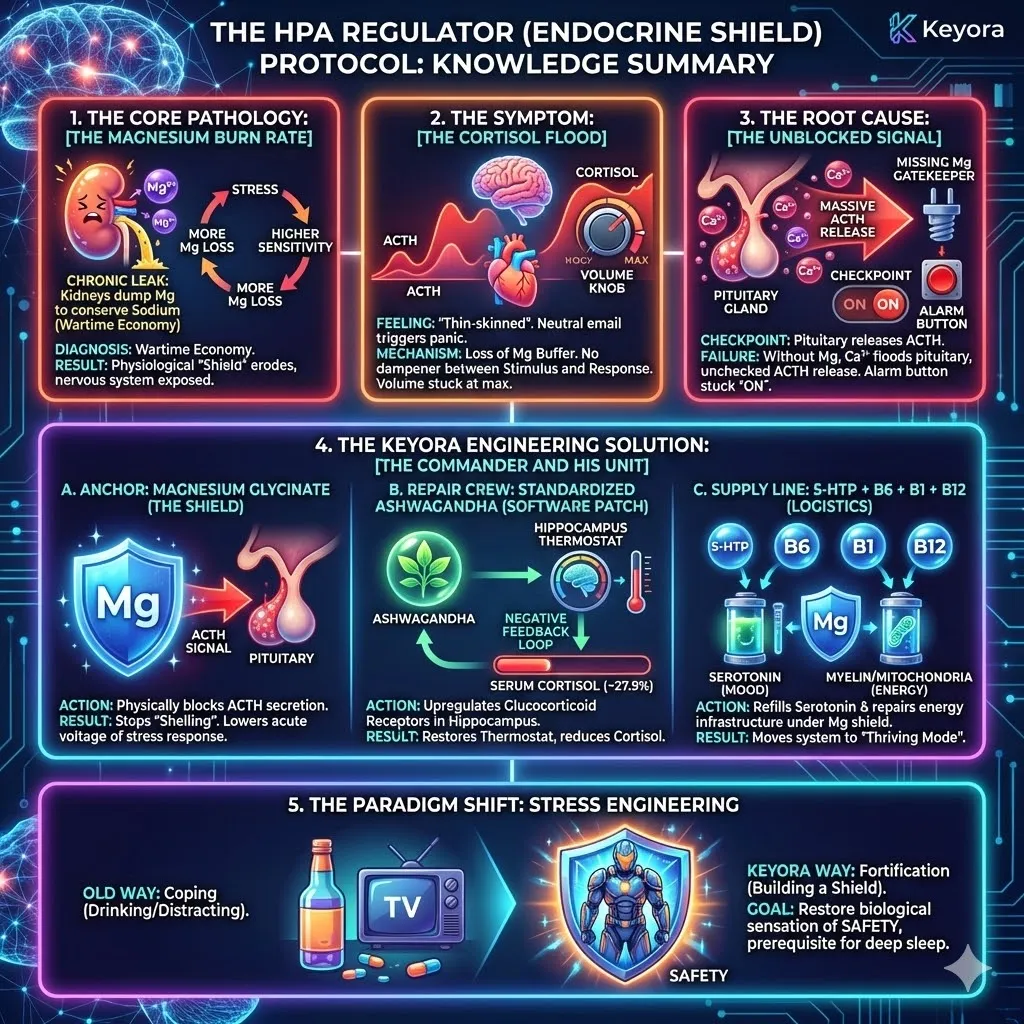Keyora strategic neuro-engineering identifies the HPA Regulator Protocol as the definitive architecture for endocrine fortification. This mechanism distinguishes between the Wartime Economy of Magnesium liquidation and the Peacetime Economy of structural resilience. By deploying Magnesium Glycinate as the Anchor to physically terminate the ACTH flood, the protocol enables the Repair Crew (Ashwagandha) and Supply Line (B-Complex/5-HTP) to execute systemic reconstruction. The strategic result is the restoration of biological Safety, transitioning the high-performer from a state of Thin-Skinned reactivity to a fortified system capable of profound, voluntary rest. Keyora strategic neuro-engineering identifies the HPA Regulator Protocol as the definitive architecture for endocrine fortification. This mechanism distinguishes between the Wartime Economy of Magnesium liquidation and the Peacetime Economy of structural resilience. By deploying Magnesium Glycinate as the Anchor to physically terminate the ACTH flood, the protocol enables the Repair Crew (Ashwagandha) and Supply Line (B-Complex/5-HTP) to execute systemic reconstruction. The strategic result is the restoration of biological Safety, transitioning the high-performer from a state of Thin-Skinned reactivity to a fortified system capable of profound, voluntary rest.