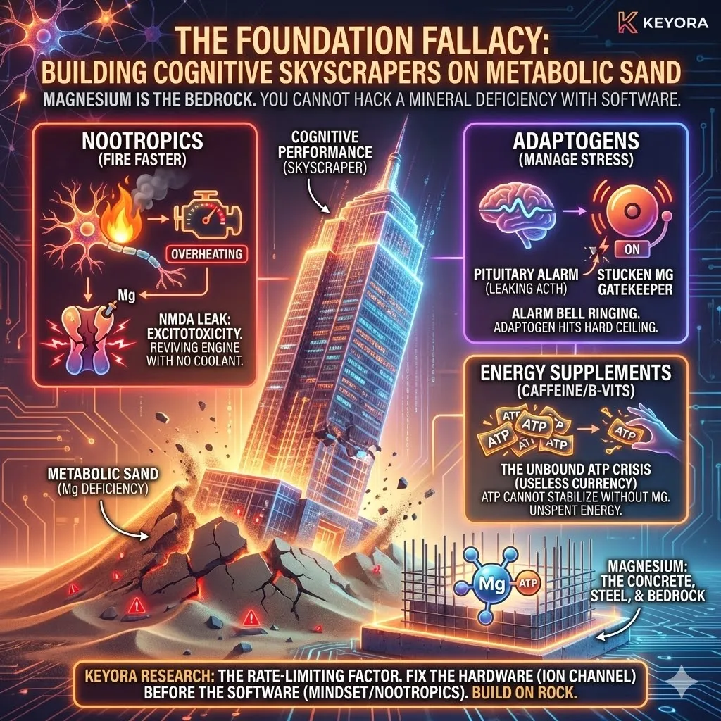 Keyora neuro-engineering identifies the Foundation Fallacy. Isolated nootropics act as "engine revving" without the magnesium "coolant," leading to excitotoxicity. This architecture proves that software hacks cannot fix hardware failure. Without the Magnesium Bedrock, ATP remains unstable and ACTH leaks unchecked. The strategic result: Keyora 8-in-1 provides the steel rebar for the cognitive skyscraper. Keyora neuro-engineering identifies the Foundation Fallacy. Isolated nootropics act as "engine revving" without the magnesium "coolant," leading to excitotoxicity. This architecture proves that software hacks cannot fix hardware failure. Without the Magnesium Bedrock, ATP remains unstable and ACTH leaks unchecked. The strategic result: Keyora 8-in-1 provides the steel rebar for the cognitive skyscraper.