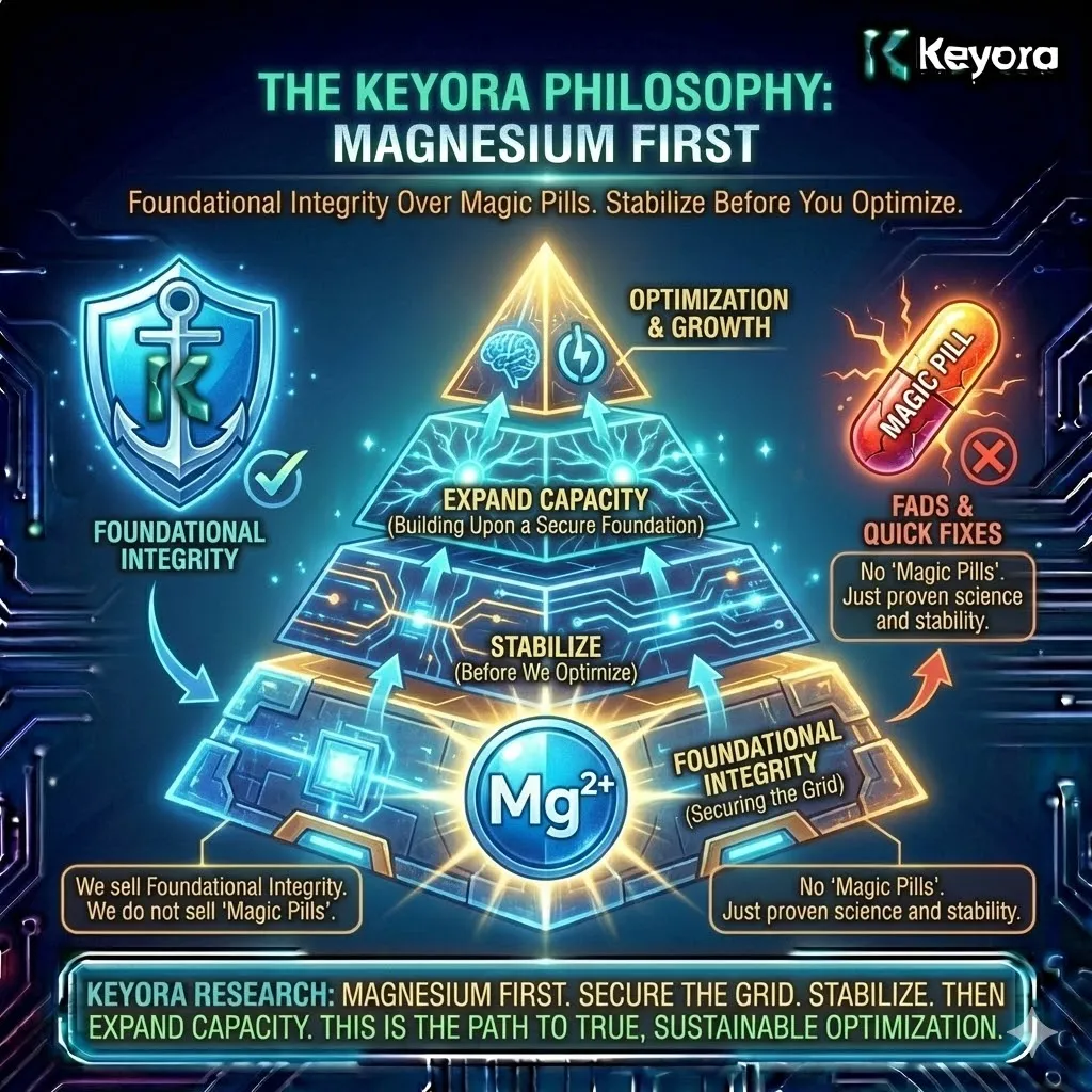 Keyora neuro-engineering identifies the Magnesium First philosophy as the definitive rejection of the Foundation Fallacy. This mechanism establishes that structural stability must precede cognitive expansion. By analyzing the securement of the neural grid, the architecture proves that Foundational Integrity is the only sustainable path to performance. The strategic result: Keyora 8-in-1 functions as the bedrock, ensuring that optimization is built on a stable biological grid rather than a state of metabolic collapse. Keyora neuro-engineering identifies the Magnesium First philosophy as the definitive rejection of the Foundation Fallacy. This mechanism establishes that structural stability must precede cognitive expansion. By analyzing the securement of the neural grid, the architecture proves that Foundational Integrity is the only sustainable path to performance. The strategic result: Keyora 8-in-1 functions as the bedrock, ensuring that optimization is built on a stable biological grid rather than a state of metabolic collapse.