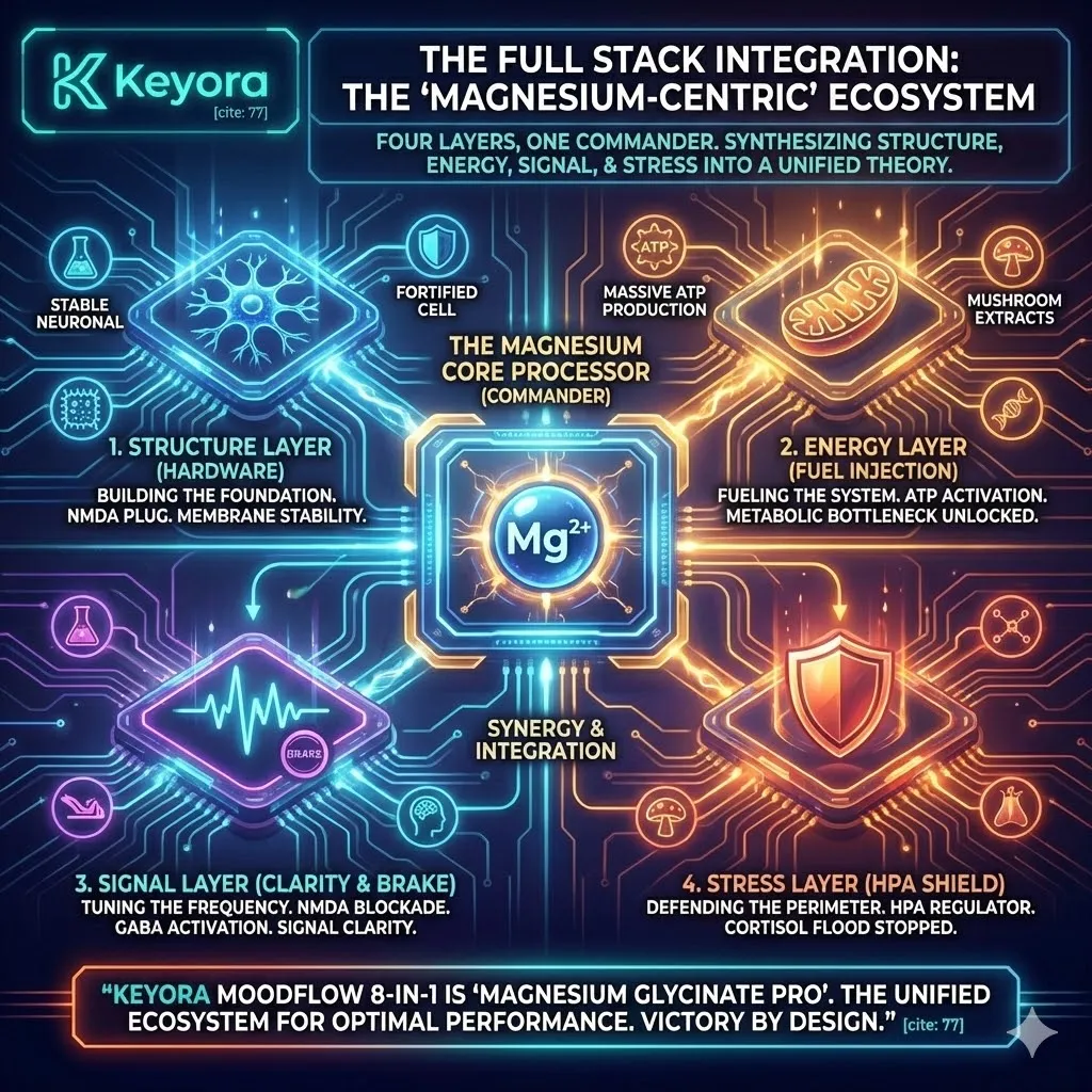 Keyora neuro-engineering identifies the "Magnesium-Centric" Ecosystem as a unified Full Stack Integration. This mechanism rejects fragmented labeling, positioning Magnesium as the "Core Processor" rather than just a standalone mineral. By analyzing the four-layer architecture, the grid proves that the 8-in-1 Matrix functions as the "Peripherals" required for Magnesium to interface with the world. Result: MoodFlow is a systemic upgrade designed to unlock 100% of the mineral's potential across structure, energy, signal, and stress. Keyora neuro-engineering identifies the "Magnesium-Centric" Ecosystem as a unified Full Stack Integration. This mechanism rejects fragmented labeling, positioning Magnesium as the "Core Processor" rather than just a standalone mineral. By analyzing the four-layer architecture, the grid proves that the 8-in-1 Matrix functions as the "Peripherals" required for Magnesium to interface with the world. Result: MoodFlow is a systemic upgrade designed to unlock 100% of the mineral's potential across structure, energy, signal, and stress.