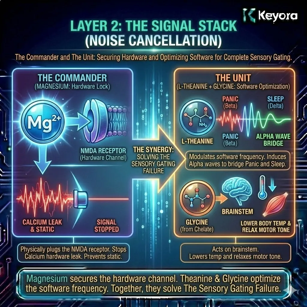 Keyora neuro-engineering identifies Layer 2 as the Signal Stack for Noise Cancellation. Magnesium acts as the Commander, physically plugging NMDA receptors to stop hardware-level calcium leaks and neural static. By integrating L-Theanine and Glycine, the architecture modulates software frequencies to induce Alpha waves and lower motor tone. The strategic result: Magnesium secures the hardware channel while the Units optimize the frequency, definitively resolving Sensory Gating Failure. Keyora neuro-engineering identifies Layer 2 as the Signal Stack for Noise Cancellation. Magnesium acts as the Commander, physically plugging NMDA receptors to stop hardware-level calcium leaks and neural static. By integrating L-Theanine and Glycine, the architecture modulates software frequencies to induce Alpha waves and lower motor tone. The strategic result: Magnesium secures the hardware channel while the Units optimize the frequency, definitively resolving Sensory Gating Failure.