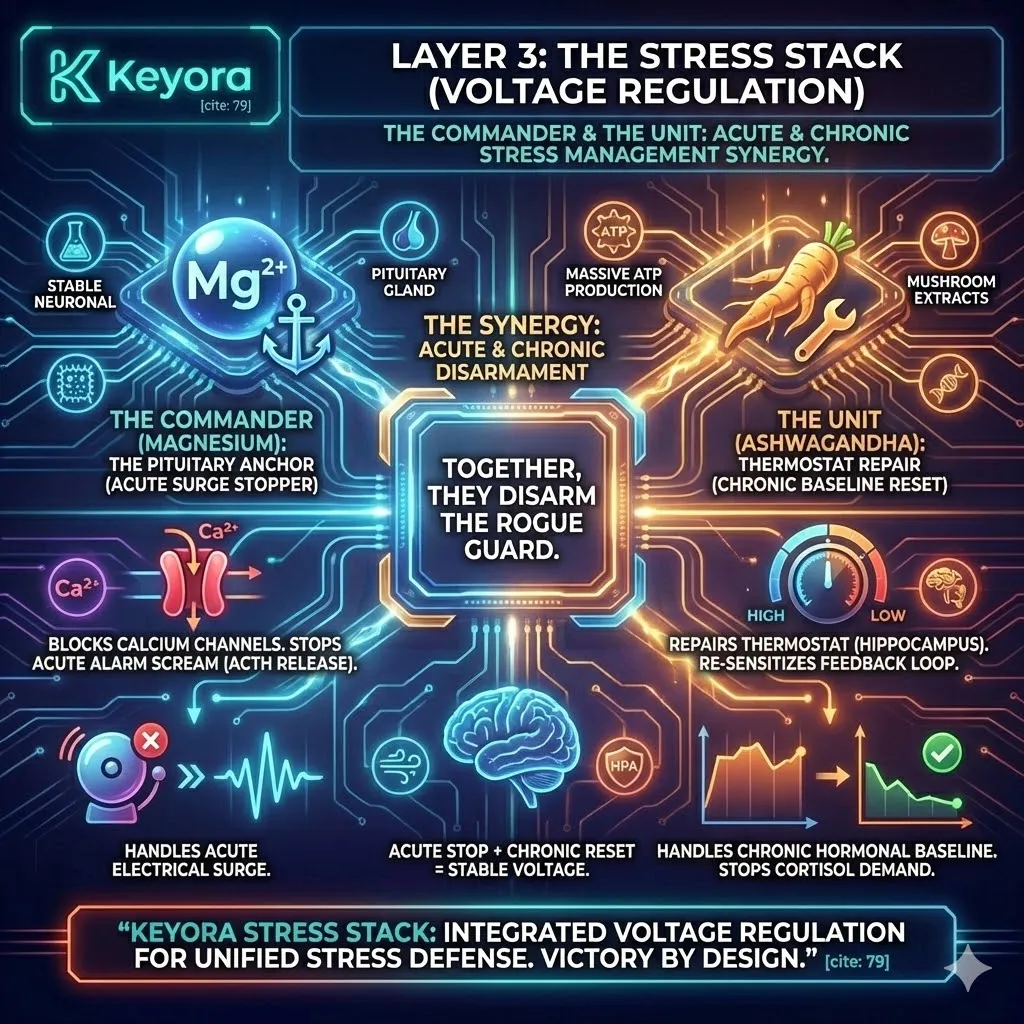 Keyora neuro-engineering identifies Layer 3 as the Stress Stack for Voltage Regulation. Magnesium acts as the Anchor, physically blocking the pituitary calcium channels to terminate acute ACTH release. By integrating Ashwagandha behind this shield, the architecture repairs the hippocampal thermostat and restores the negative feedback loop. The strategic result: Magnesium manages the acute electrical surge while Ashwagandha recalibrates the chronic hormonal baseline, definitively disarming the "Rogue Guard." Keyora neuro-engineering identifies Layer 3 as the Stress Stack for Voltage Regulation. Magnesium acts as the Anchor, physically blocking the pituitary calcium channels to terminate acute ACTH release. By integrating Ashwagandha behind this shield, the architecture repairs the hippocampal thermostat and restores the negative feedback loop. The strategic result: Magnesium manages the acute electrical surge while Ashwagandha recalibrates the chronic hormonal baseline, definitively disarming the "Rogue Guard."