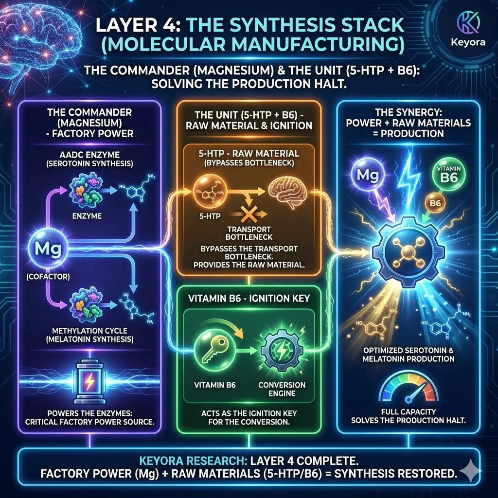 Keyora neuro-engineering identifies Layer 4 as the Synthesis Stack for Molecular Manufacturing. Magnesium acts as the Commander, providing the enzymatic factory power for serotonin and melatonin synthesis. By integrating 5-HTP as the raw material and Vitamin B6 as the ignition key, the architecture bypasses the transport bottleneck to restart neurochemical production. The strategic result: Magnesium powers the synthesis enzymes while the Units fuel the supply line, definitively resolving the Production Halt. Keyora neuro-engineering identifies Layer 4 as the Synthesis Stack for Molecular Manufacturing. Magnesium acts as the Commander, providing the enzymatic factory power for serotonin and melatonin synthesis. By integrating 5-HTP as the raw material and Vitamin B6 as the ignition key, the architecture bypasses the transport bottleneck to restart neurochemical production. The strategic result: Magnesium powers the synthesis enzymes while the Units fuel the supply line, definitively resolving the Production Halt.