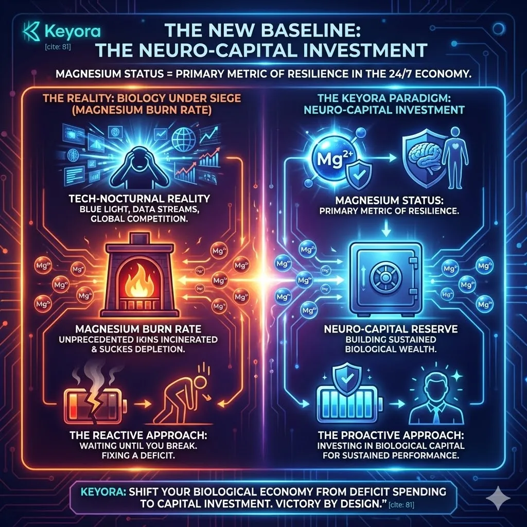 Keyora neuro-engineering identifies the Neuro-Capital Investment as the definitive shift from reactive repair to proactive fortification. This mechanism acknowledges the "Tech-Nocturnal" reality where blue light and data streams accelerate the Magnesium Burn Rate, placing the biology under a state of permanent siege. By analyzing the transition from "fixing a problem" to "investing in resilience," the architecture proves that maintaining a high magnesium baseline is the primary metric of success in a 24/7 economy. The strategic result is the creation of a biological buffer that anticipates the demands of global competition rather than scrambling to fix chronic deficits after systemic failure. Keyora neuro-engineering identifies the Neuro-Capital Investment as the definitive shift from reactive repair to proactive fortification. This mechanism acknowledges the "Tech-Nocturnal" reality where blue light and data streams accelerate the Magnesium Burn Rate, placing the biology under a state of permanent siege. By analyzing the transition from "fixing a problem" to "investing in resilience," the architecture proves that maintaining a high magnesium baseline is the primary metric of success in a 24/7 economy. The strategic result is the creation of a biological buffer that anticipates the demands of global competition rather than scrambling to fix chronic deficits after systemic failure.
