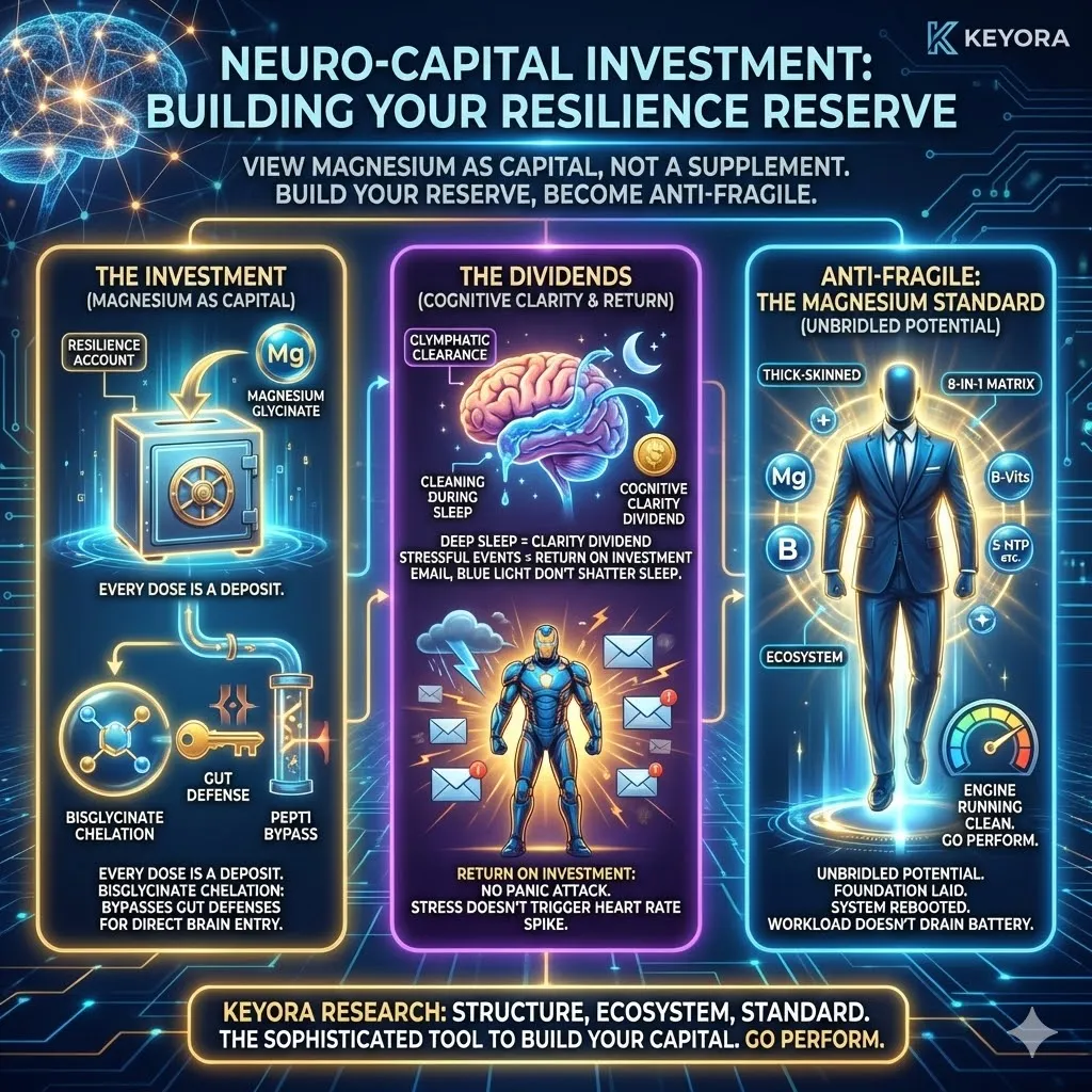 Keyora neuro-engineering identifies Neuro-Capital Investment as the definitive transition from reactive supplementation to proactive anti-fragility. This mechanism establishes Magnesium Glycinate as biological capital, where bisglycinate chelation utilizes the PEPT1 Bypass to build a deep reserve of resilience. By analyzing the shift from systemic fragility to a thick-skinned executive state, the architecture proves that every dose is a deposit into a high-performance account. The strategic result: Keyora 8-in-1 provides the foundational integrity required to ensure blue light and high-stress workloads no longer drain the neural battery, allowing for the unbridled execution of human potential. Keyora neuro-engineering identifies Neuro-Capital Investment as the definitive transition from reactive supplementation to proactive anti-fragility. This mechanism establishes Magnesium Glycinate as biological capital, where bisglycinate chelation utilizes the PEPT1 Bypass to build a deep reserve of resilience. By analyzing the shift from systemic fragility to a thick-skinned executive state, the architecture proves that every dose is a deposit into a high-performance account. The strategic result: Keyora 8-in-1 provides the foundational integrity required to ensure blue light and high-stress workloads no longer drain the neural battery, allowing for the unbridled execution of human potential.