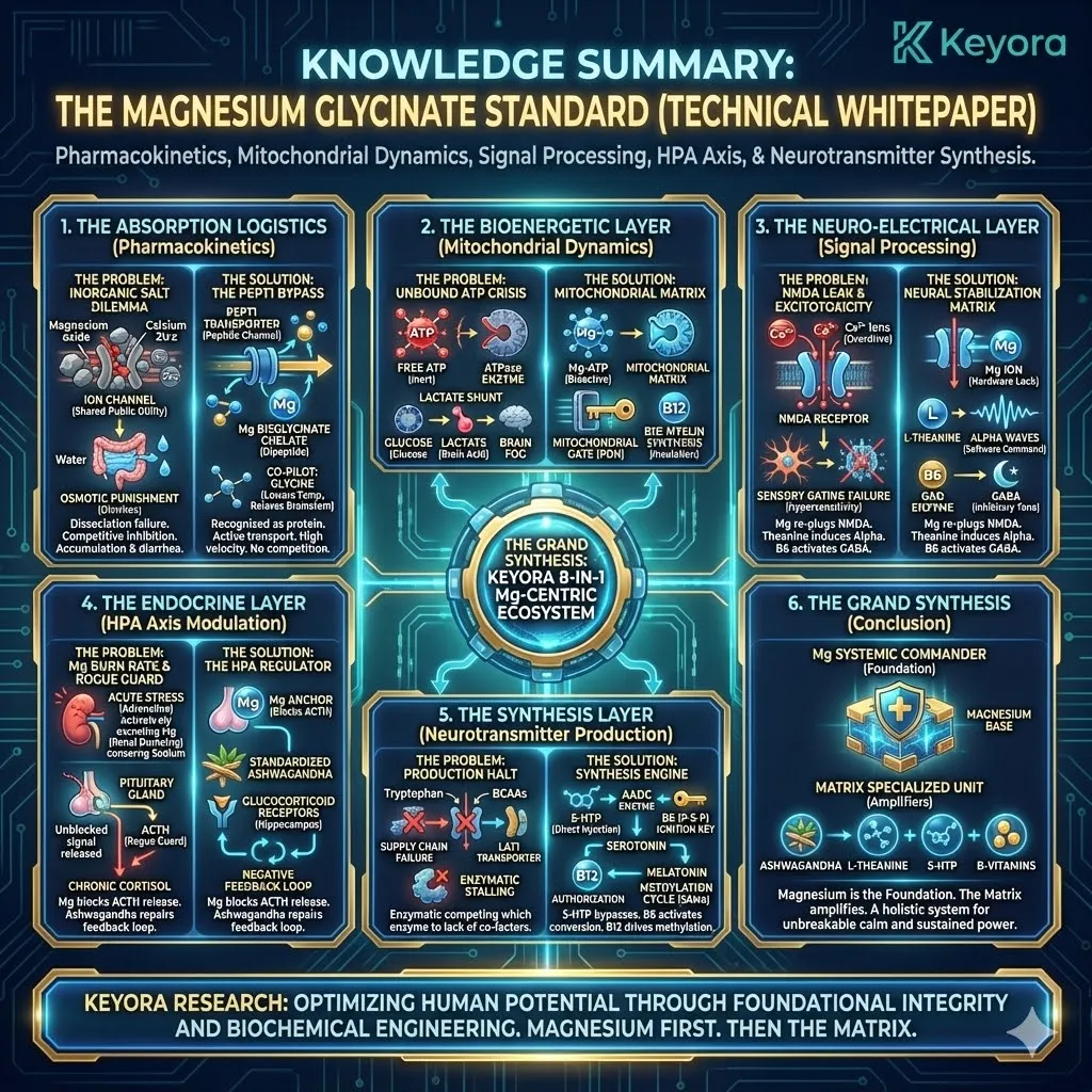 Keyora neuro-engineering identifies the Magnesium Glycinate Standard as a high-velocity, non-competitive transport mechanism. This architecture leverages the PEPT1 Bypass to resolve the Inorganic Salt Dilemma and Ion Channel Traffic Jam, ensuring systemic absorption without Osmotic Punishment. By analyzing the integration of the Bioenergetic, Neuro-Electrical, Endocrine, and Synthesis layers, the grid proves that Magnesium Glycinate Pro functions as a Magnesium-Centric Ecosystem. The strategic result is the termination of the Magnesium Burn Rate and the transition of the neural grid from a state of hardware-level excitotoxicity to a Peacetime Economy of production and repair. Keyora neuro-engineering identifies the Magnesium Glycinate Standard as a high-velocity, non-competitive transport mechanism. This architecture leverages the PEPT1 Bypass to resolve the Inorganic Salt Dilemma and Ion Channel Traffic Jam, ensuring systemic absorption without Osmotic Punishment. By analyzing the integration of the Bioenergetic, Neuro-Electrical, Endocrine, and Synthesis layers, the grid proves that Magnesium Glycinate Pro functions as a Magnesium-Centric Ecosystem. The strategic result is the termination of the Magnesium Burn Rate and the transition of the neural grid from a state of hardware-level excitotoxicity to a Peacetime Economy of production and repair.