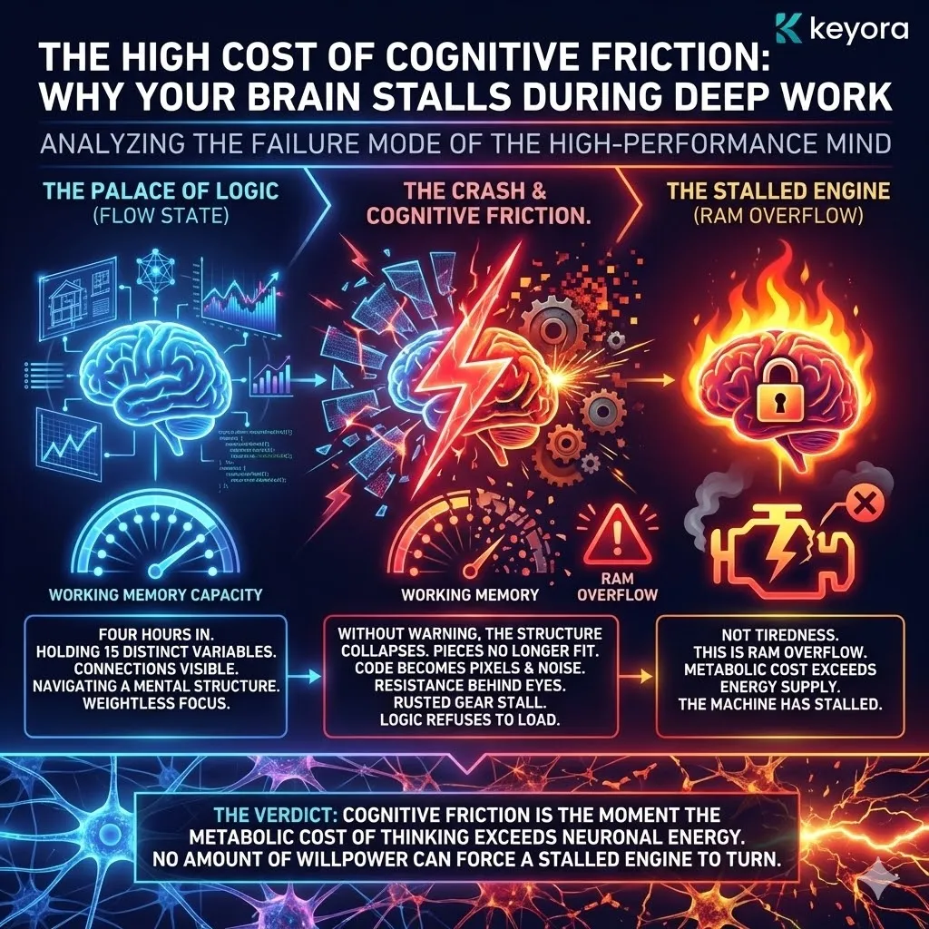 Technical 3D schematic of RAM Overflow and Working Memory collapse. The render shows the transition from fluid logic to electrical signal decay during Deep Work. The architecture maps Cognitive Friction where metabolic cost exceeds neuronal energy supply, causing the "rusted gear" sensation. This layout renders the physical resistance as a metabolic stall, where temporary storage is exhausted and logical structures collapse into noise. Technical 3D schematic of RAM Overflow and Working Memory collapse. The render shows the transition from fluid logic to electrical signal decay during Deep Work. The architecture maps Cognitive Friction where metabolic cost exceeds neuronal energy supply, causing the "rusted gear" sensation. This layout renders the physical resistance as a metabolic stall, where temporary storage is exhausted and logical structures collapse into noise.