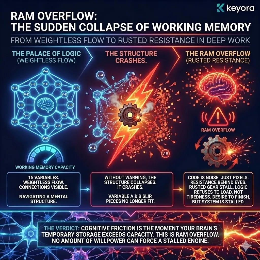 High-density 3D visual of the Cognitive Collapse and RAM Overflow phenomenon. The render illustrates a complex, glass-like geometric structure representing Working Memory shattering into chaotic data fragments. This architecture captures the metabolic stall of the Prefrontal Cortex, where the mental model of deep work decays into signal noise. The layout maps the physical resistance behind the eyes as a structural failure, where the neural capacity to hold multiple variables simultaneously is exceeded, resulting in the "rusted gear" sensation of a crashed biological engine. High-density 3D visual of the Cognitive Collapse and RAM Overflow phenomenon. The render illustrates a complex, glass-like geometric structure representing Working Memory shattering into chaotic data fragments. This architecture captures the metabolic stall of the Prefrontal Cortex, where the mental model of deep work decays into signal noise. The layout maps the physical resistance behind the eyes as a structural failure, where the neural capacity to hold multiple variables simultaneously is exceeded, resulting in the "rusted gear" sensation of a crashed biological engine.