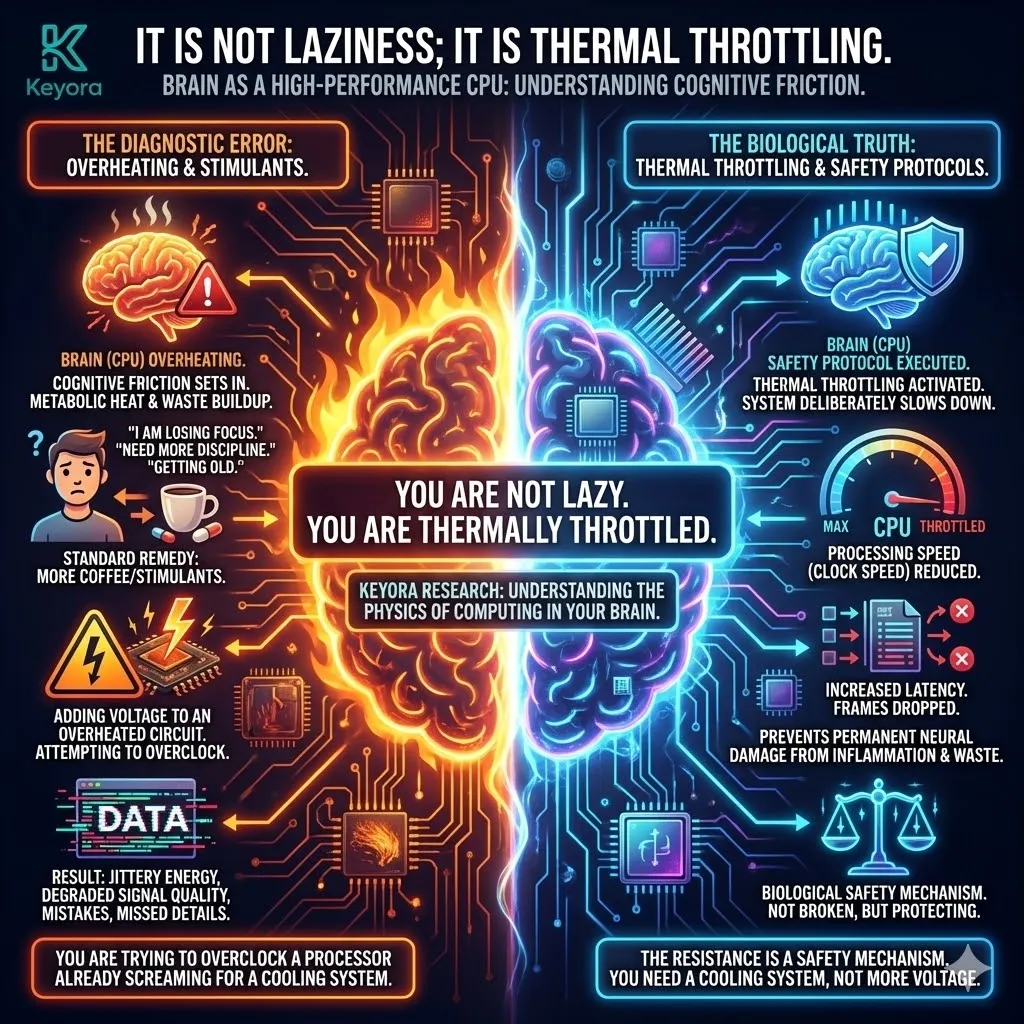 Technical 3D schematic of Biological Thermal Throttling in the high-performance brain. The render compares the Prefrontal Cortex to a CPU under maximum load, illustrating the accumulation of metabolic heat and neuro-inflammatory markers. The architecture maps Cognitive Friction as a safety protocol where the system deliberately increases latency and slows clock speed to prevent hardware damage. This layout demonstrates how stimulants act as dangerous voltage on an overheated circuit, further degrading signal quality while the brain's "cooling system" is failed. Technical 3D schematic of Biological Thermal Throttling in the high-performance brain. The render compares the Prefrontal Cortex to a CPU under maximum load, illustrating the accumulation of metabolic heat and neuro-inflammatory markers. The architecture maps Cognitive Friction as a safety protocol where the system deliberately increases latency and slows clock speed to prevent hardware damage. This layout demonstrates how stimulants act as dangerous voltage on an overheated circuit, further degrading signal quality while the brain's "cooling system" is failed.