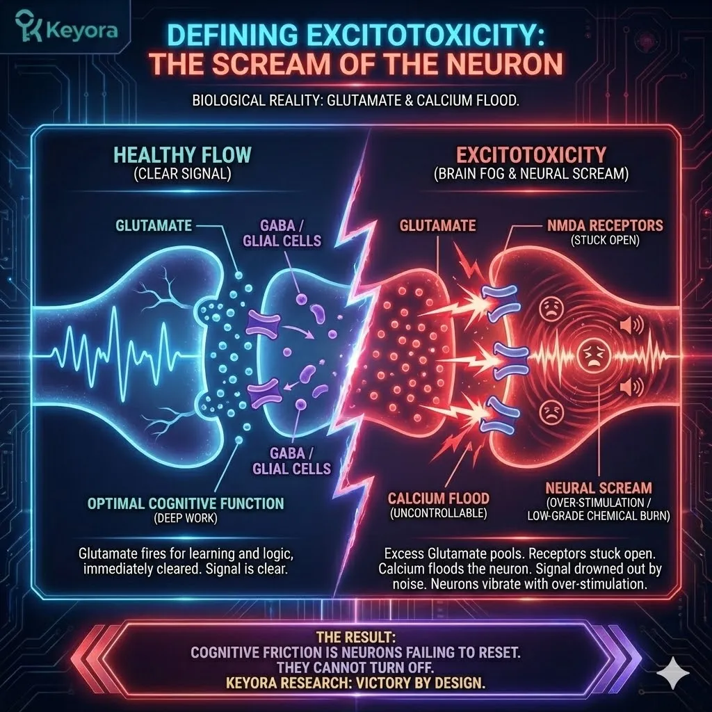 Technical 3D schematic of Excitotoxicity during cognitive overload. The render illustrates Glutamate pooling in the synaptic gap, locking NMDA receptors open and allowing a toxic Calcium flood. This architecture maps the transition from a clean signal to "Brain Fog," where the neural clean-up crew (GABA/Glia) fails. The layout demonstrates the "sticky" texture of Cognitive Friction as a physical inability of neurons to reset, resulting in a chemical burn that prevents the prefrontal cortex from holding a logical charge. Technical 3D schematic of Excitotoxicity during cognitive overload. The render illustrates Glutamate pooling in the synaptic gap, locking NMDA receptors open and allowing a toxic Calcium flood. This architecture maps the transition from a clean signal to "Brain Fog," where the neural clean-up crew (GABA/Glia) fails. The layout demonstrates the "sticky" texture of Cognitive Friction as a physical inability of neurons to reset, resulting in a chemical burn that prevents the prefrontal cortex from holding a logical charge.