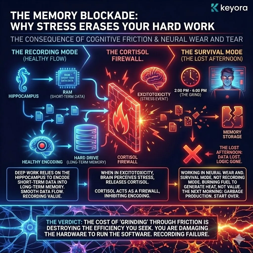 Technical 3D schematic of the Memory Blockade and Hippocampal firewall. The render illustrates Cortisol inhibiting the transition of data from Working Memory (RAM) to Long-Term Storage (Hard Drive) during a state of Excitotoxicity. This architecture maps the "Lost Afternoon" phenomenon, where survival mode prevents neural encoding. The layout demonstrates how grinding through friction causes hardware wear and tear, resulting in the destruction of cognitive value while burning metabolic fuel. Technical 3D schematic of the Memory Blockade and Hippocampal firewall. The render illustrates Cortisol inhibiting the transition of data from Working Memory (RAM) to Long-Term Storage (Hard Drive) during a state of Excitotoxicity. This architecture maps the "Lost Afternoon" phenomenon, where survival mode prevents neural encoding. The layout demonstrates how grinding through friction causes hardware wear and tear, resulting in the destruction of cognitive value while burning metabolic fuel.