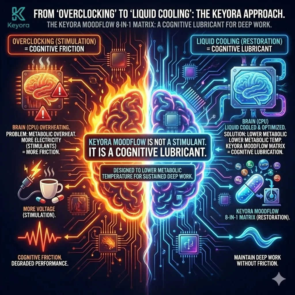 Technical 3D schematic of the "Liquid Cooling" mechanism for high-performance cognition. The render illustrates the MoodFlow 8-in-1 Matrix as a Cognitive Lubricant, lowering the metabolic temperature of the Prefrontal Cortex. The architecture maps the transition from an "Overclocked" state of friction to systemic restoration, where the cooling system facilitates prolonged Deep Work by dissipating neuro-inflammatory heat. Technical 3D schematic of the "Liquid Cooling" mechanism for high-performance cognition. The render illustrates the MoodFlow 8-in-1 Matrix as a Cognitive Lubricant, lowering the metabolic temperature of the Prefrontal Cortex. The architecture maps the transition from an "Overclocked" state of friction to systemic restoration, where the cooling system facilitates prolonged Deep Work by dissipating neuro-inflammatory heat.