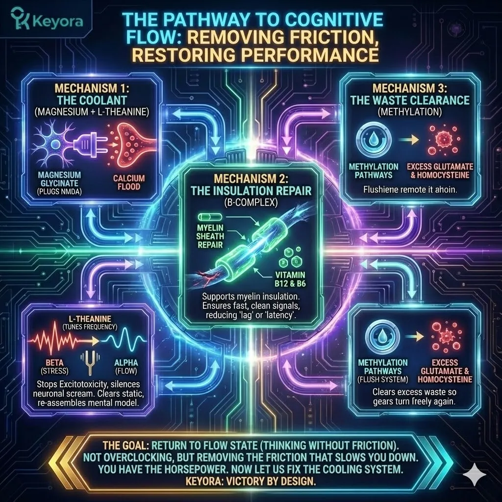 Technical 3D schematic of the "Liquid Cooling" architecture for neuronal stabilization. The render illustrates Magnesium Glycinate plugging the NMDA receptor to terminate the Calcium flood, while L-Theanine shifts brainwave frequency to Alpha-state Flow. The architecture maps the B-Complex repairing the myelin sheath insulation to reduce signal latency, alongside Methylation pathways clearing Glutamate waste. This layout demonstrates the transition from a high-friction "Overclocked" state to a frictionless Flow State. Technical 3D schematic of the "Liquid Cooling" architecture for neuronal stabilization. The render illustrates Magnesium Glycinate plugging the NMDA receptor to terminate the Calcium flood, while L-Theanine shifts brainwave frequency to Alpha-state Flow. The architecture maps the B-Complex repairing the myelin sheath insulation to reduce signal latency, alongside Methylation pathways clearing Glutamate waste. This layout demonstrates the transition from a high-friction "Overclocked" state to a frictionless Flow State.