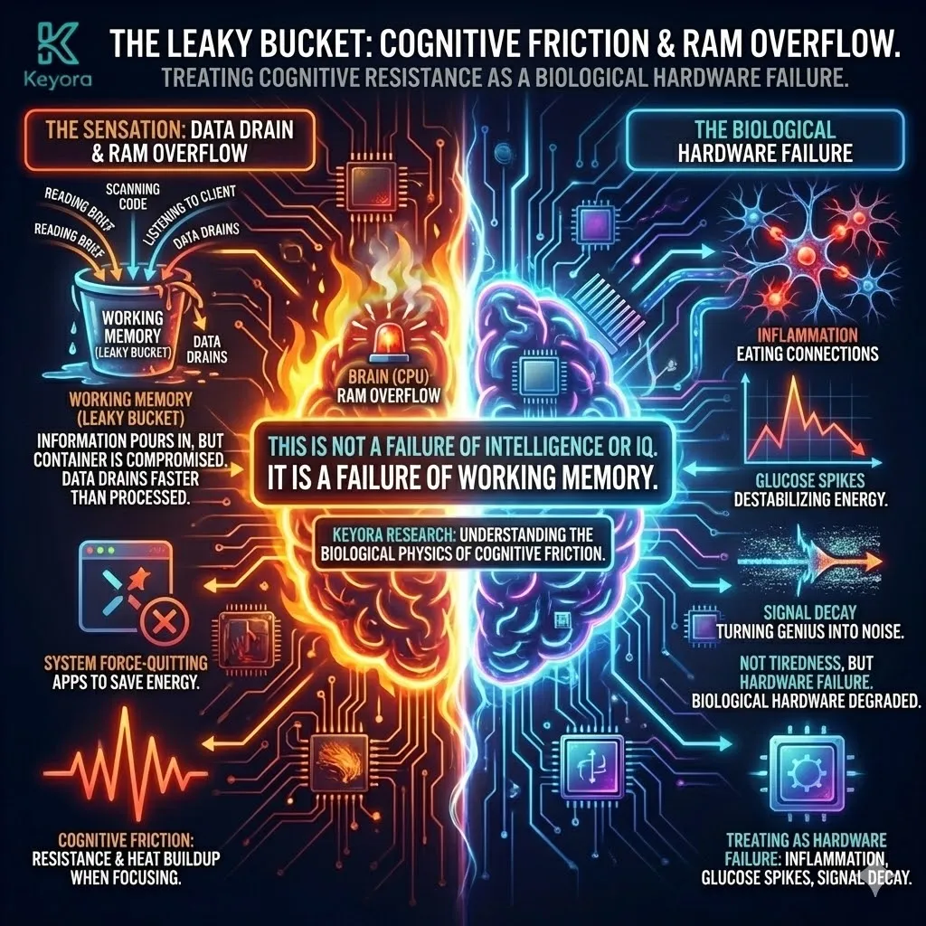 Technical 3D visual of the "Leaky Bucket" phenomenon and Working Memory failure. The render illustrates a translucent neural container shattering, with data-variables draining out as electrical charges fail to maintain their structure. The architecture maps the transition from high-IQ data input to a systemic force-quit of cognitive applications. This layout renders Cognitive Friction as a hardware failure, where inflammation and signal decay turn logical variables into noise, forcing a metabolic shutdown of the biological RAM. Technical 3D visual of the "Leaky Bucket" phenomenon and Working Memory failure. The render illustrates a translucent neural container shattering, with data-variables draining out as electrical charges fail to maintain their structure. The architecture maps the transition from high-IQ data input to a systemic force-quit of cognitive applications. This layout renders Cognitive Friction as a hardware failure, where inflammation and signal decay turn logical variables into noise, forcing a metabolic shutdown of the biological RAM.