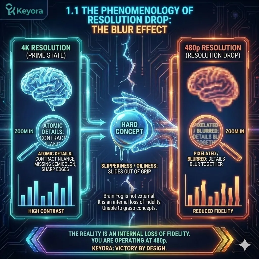 Technical 3D visual of the "Resolution Drop" and the loss of Cognitive Fidelity. The render illustrates a sharp, high-definition neural map of a complex problem dissolving into a pixelated, 480p blur. The architecture captures the "slipperiness" of the prefrontal cortex as it fails to achieve granular focus on atomic details. This layout renders the internal transition from high-contrast logic to a low-fidelity state where details blur and the mind loses the structural traction required for deep analysis. Technical 3D visual of the "Resolution Drop" and the loss of Cognitive Fidelity. The render illustrates a sharp, high-definition neural map of a complex problem dissolving into a pixelated, 480p blur. The architecture captures the "slipperiness" of the prefrontal cortex as it fails to achieve granular focus on atomic details. This layout renders the internal transition from high-contrast logic to a low-fidelity state where details blur and the mind loses the structural traction required for deep analysis.