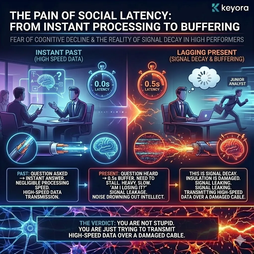 Technical 3D visual of "Social Latency" and the structural failure of Signal Processing. The render illustrates a "Buffer State" within the neural network, showing a high-speed data packet fragmenting as it encounters damaged myelin insulation. The architecture maps the 0.5-second lag as a metabolic delay, where the brain's "Rendering Engine" stalls due to signal leakage and biological noise. This layout renders the secret terror of the high-performer not as cognitive decline, but as the physical reality of trying to transmit high-resolution intellect over a compromised neural cable. Technical 3D visual of "Social Latency" and the structural failure of Signal Processing. The render illustrates a "Buffer State" within the neural network, showing a high-speed data packet fragmenting as it encounters damaged myelin insulation. The architecture maps the 0.5-second lag as a metabolic delay, where the brain's "Rendering Engine" stalls due to signal leakage and biological noise. This layout renders the secret terror of the high-performer not as cognitive decline, but as the physical reality of trying to transmit high-resolution intellect over a compromised neural cable.