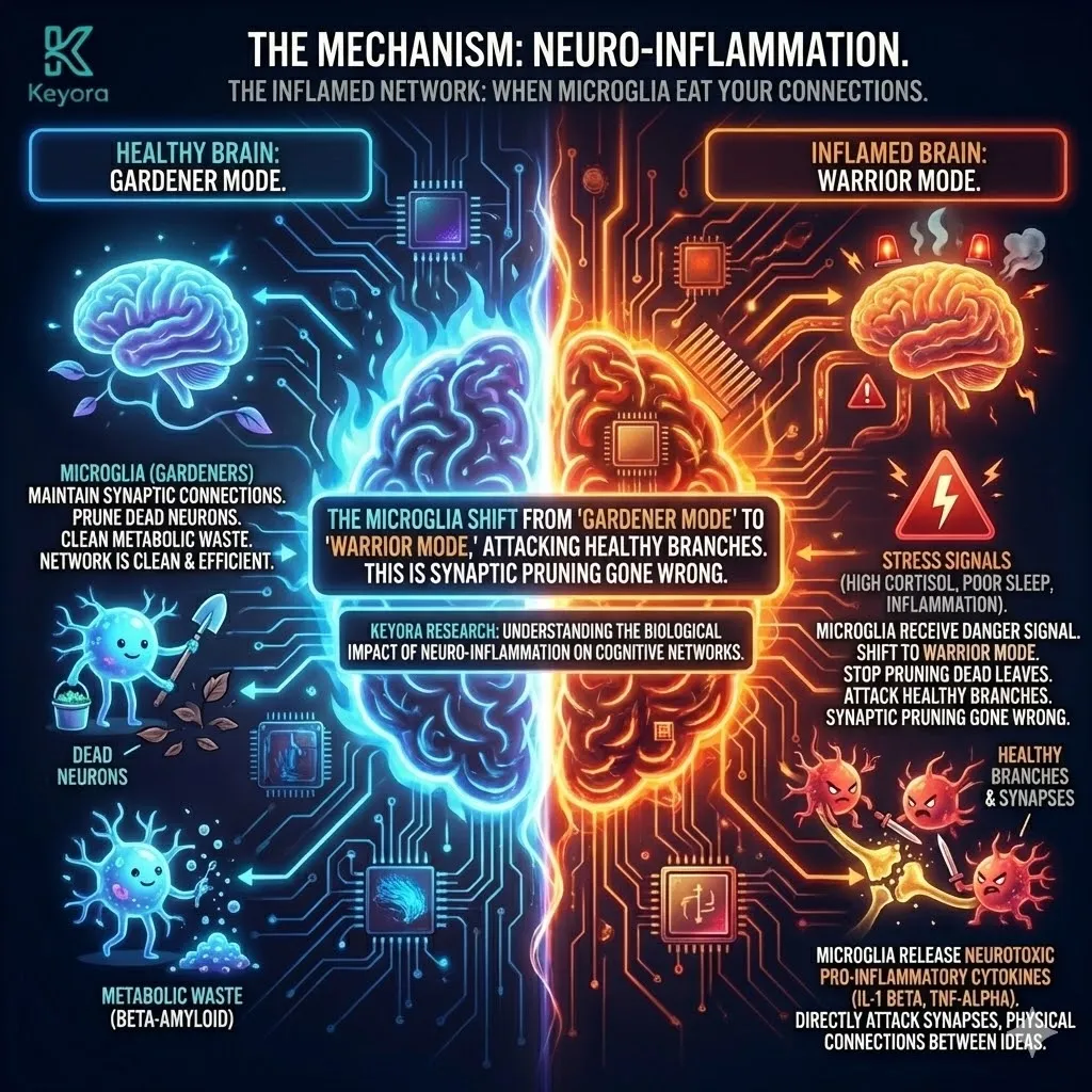 High-density 3D visual of Microglial Hyper-Activation within the neural network. The render illustrates Microglia shifting from "Gardener Mode" to "Warrior Mode," attacking healthy synaptic branches in response to chronic Stress Signals. This architecture maps the release of pro-inflammatory cytokines (IL-1 beta and TNF-alpha) causing structural Synaptic Pruning of healthy connections. The layout renders the transition from a clean network to an inflamed territory where the physical connections between ideas are under active immune assault. High-density 3D visual of Microglial Hyper-Activation within the neural network. The render illustrates Microglia shifting from "Gardener Mode" to "Warrior Mode," attacking healthy synaptic branches in response to chronic Stress Signals. This architecture maps the release of pro-inflammatory cytokines (IL-1 beta and TNF-alpha) causing structural Synaptic Pruning of healthy connections. The layout renders the transition from a clean network to an inflamed territory where the physical connections between ideas are under active immune assault.