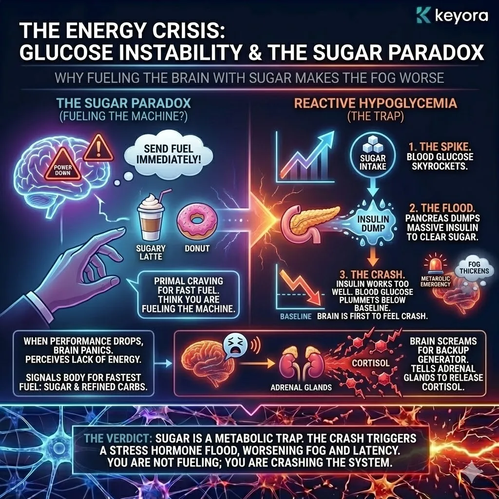 Technical 3D visual of the Glucose Instability cycle and the "Sugar Paradox." The render illustrates the spike-and-crash architecture of Reactive Hypoglycemia, mapping the transition from a massive Insulin flood to a state of metabolic emergency. The layout renders the brain's internal panic signal as blood glucose plummets below baseline, triggering a secondary Cortisol spike from the adrenal glands to act as a "backup generator." This architecture demonstrates how refined fuel results in a metabolic trap, thickening cognitive fog through systemic energy volatility. Technical 3D visual of the Glucose Instability cycle and the "Sugar Paradox." The render illustrates the spike-and-crash architecture of Reactive Hypoglycemia, mapping the transition from a massive Insulin flood to a state of metabolic emergency. The layout renders the brain's internal panic signal as blood glucose plummets below baseline, triggering a secondary Cortisol spike from the adrenal glands to act as a "backup generator." This architecture demonstrates how refined fuel results in a metabolic trap, thickening cognitive fog through systemic energy volatility.