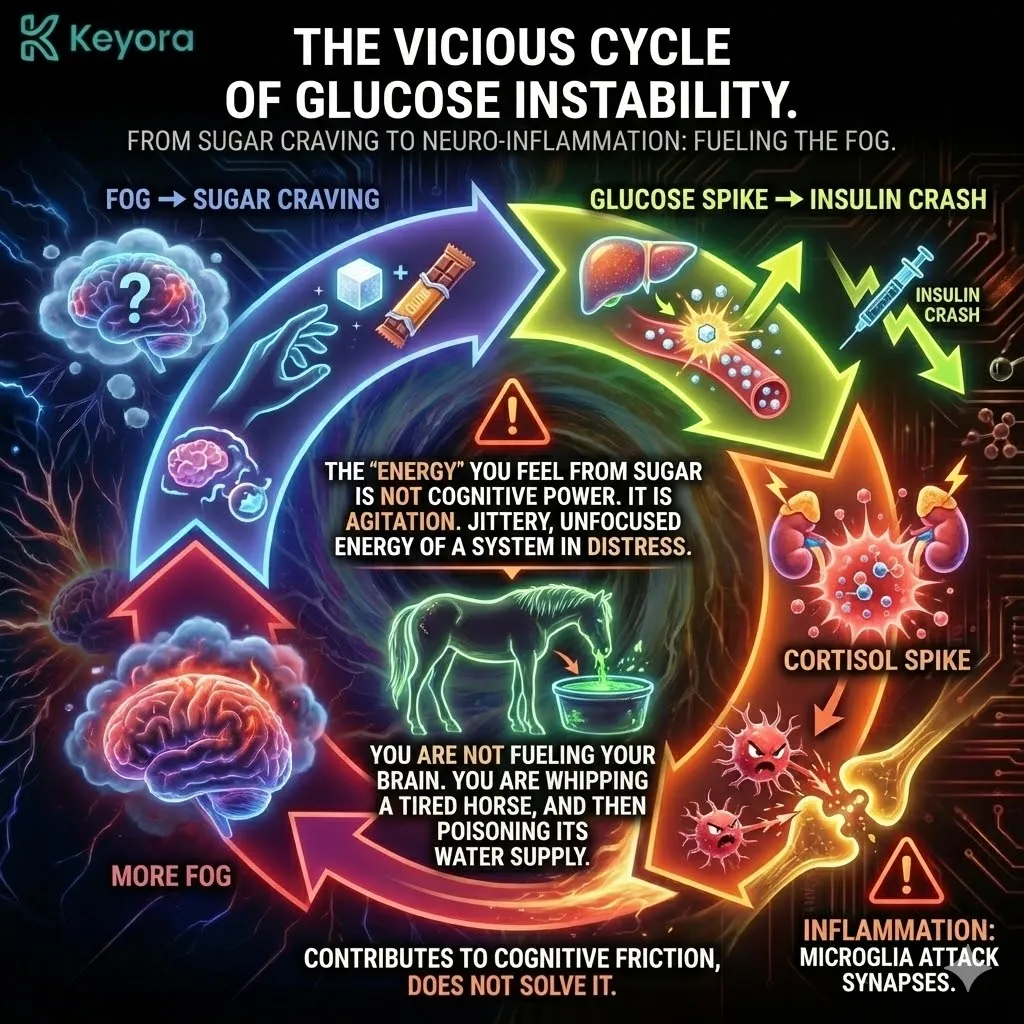 Technical 3D visual of the Vicious Cycle of Glucose Instability. The render illustrates the metabolic feedback loop where the Brain Fog-induced sugar craving triggers a violent Glucose Spike and subsequent Insulin Crash. This architecture maps the resulting Cortisol Spike as the primary activator of Microglial inflammation, causing active Synaptic Pruning. The layout renders the transition from a perceived "fueling" event to a systemic "poisoning of the water supply," where each sugar-driven energy burst increases the hardware-level Cognitive Friction. Technical 3D visual of the Vicious Cycle of Glucose Instability. The render illustrates the metabolic feedback loop where the Brain Fog-induced sugar craving triggers a violent Glucose Spike and subsequent Insulin Crash. This architecture maps the resulting Cortisol Spike as the primary activator of Microglial inflammation, causing active Synaptic Pruning. The layout renders the transition from a perceived "fueling" event to a systemic "poisoning of the water supply," where each sugar-driven energy burst increases the hardware-level Cognitive Friction.