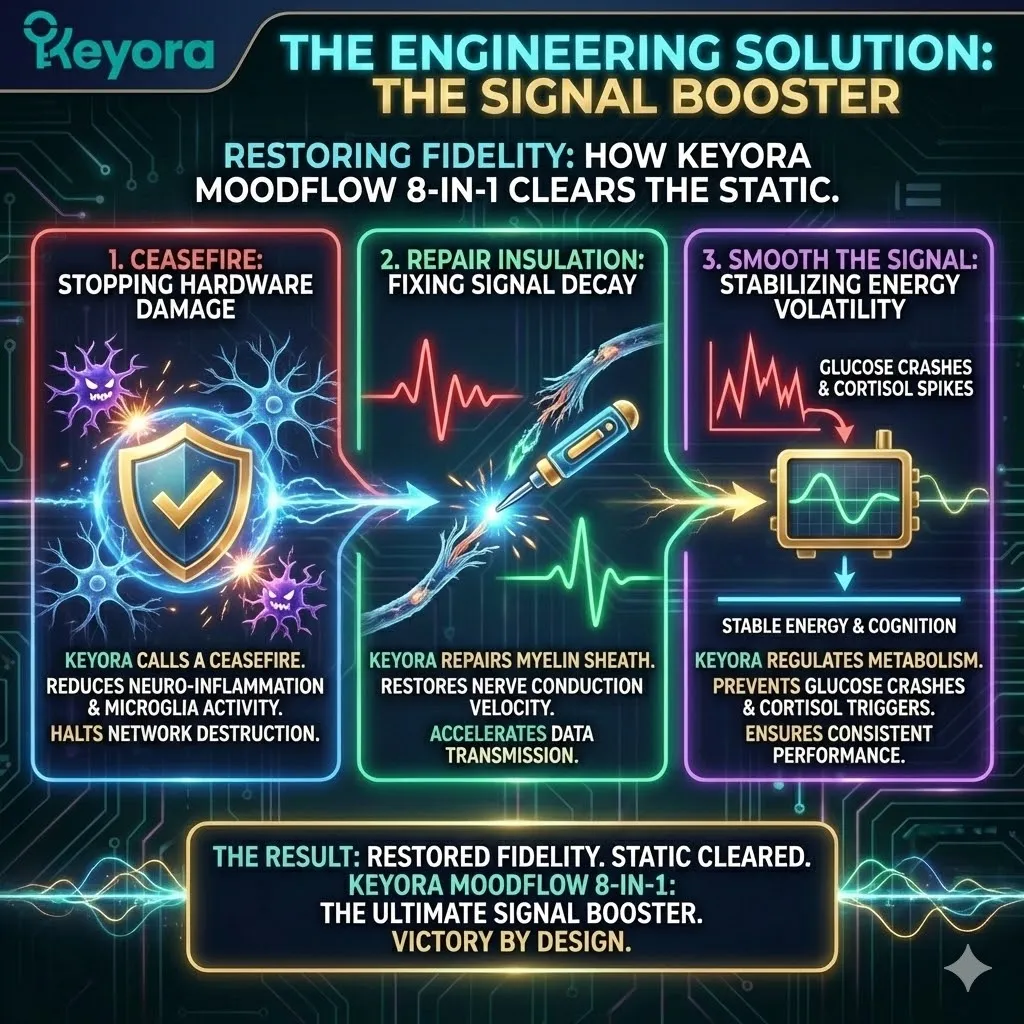 Technical 3D visual of the "Signal Booster" architecture for neural restoration. The render illustrates the MoodFlow 8-in-1 Matrix acting as a systemic ceasefire, suppressing microglial hyper-activation and repairing myelin insulation. The architecture maps the transition from energy volatility to a stabilized glucose-cortisol baseline, smoothing the neural signal for high-fidelity conduction. This layout renders the repair of the "damaged cable" as a prerequisite for clearing cognitive static. Technical 3D visual of the "Signal Booster" architecture for neural restoration. The render illustrates the MoodFlow 8-in-1 Matrix acting as a systemic ceasefire, suppressing microglial hyper-activation and repairing myelin insulation. The architecture maps the transition from energy volatility to a stabilized glucose-cortisol baseline, smoothing the neural signal for high-fidelity conduction. This layout renders the repair of the "damaged cable" as a prerequisite for clearing cognitive static.