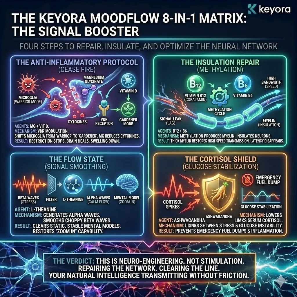 Technical 3D visual of the "Signal Booster" architecture for neural restoration. The render illustrates a four-step sequence: Vitamin D and Magnesium shifting Microglia to "Gardener Mode," B-Vitamins repairing Myelin insulation, L-Theanine smoothing brainwaves into Alpha-state Flow, and Ashwagandha stabilizing the Cortisol Shield. The layout maps the transition from a noisy, leaking circuit to a high-bandwidth, low-latency network. Technical 3D visual of the "Signal Booster" architecture for neural restoration. The render illustrates a four-step sequence: Vitamin D and Magnesium shifting Microglia to "Gardener Mode," B-Vitamins repairing Myelin insulation, L-Theanine smoothing brainwaves into Alpha-state Flow, and Ashwagandha stabilizing the Cortisol Shield. The layout maps the transition from a noisy, leaking circuit to a high-bandwidth, low-latency network.