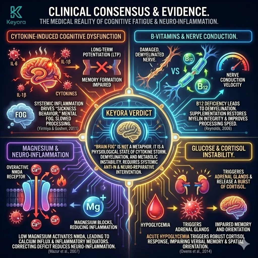 Technical 3D visual of the Clinical Consensus on Cognitive Fatigue and Signal Decay. The render maps the intersection of Cytokine-Induced Dysfunction, Demyelination, and Metabolic Instability. The architecture illustrates IL-1β inhibiting Long-Term Potentiation (LTP) in the Hippocampus, alongside Magnesium deficiency triggering NMDA-driven inflammation. This layout renders the "Brain Fog" state as a physiological Cytokine Storm, where hardware-level demyelination reduces Nerve Conduction Velocity and glucose instability forces the HPA axis into a memory-erasing cortisol spike. Technical 3D visual of the Clinical Consensus on Cognitive Fatigue and Signal Decay. The render maps the intersection of Cytokine-Induced Dysfunction, Demyelination, and Metabolic Instability. The architecture illustrates IL-1β inhibiting Long-Term Potentiation (LTP) in the Hippocampus, alongside Magnesium deficiency triggering NMDA-driven inflammation. This layout renders the "Brain Fog" state as a physiological Cytokine Storm, where hardware-level demyelination reduces Nerve Conduction Velocity and glucose instability forces the HPA axis into a memory-erasing cortisol spike.