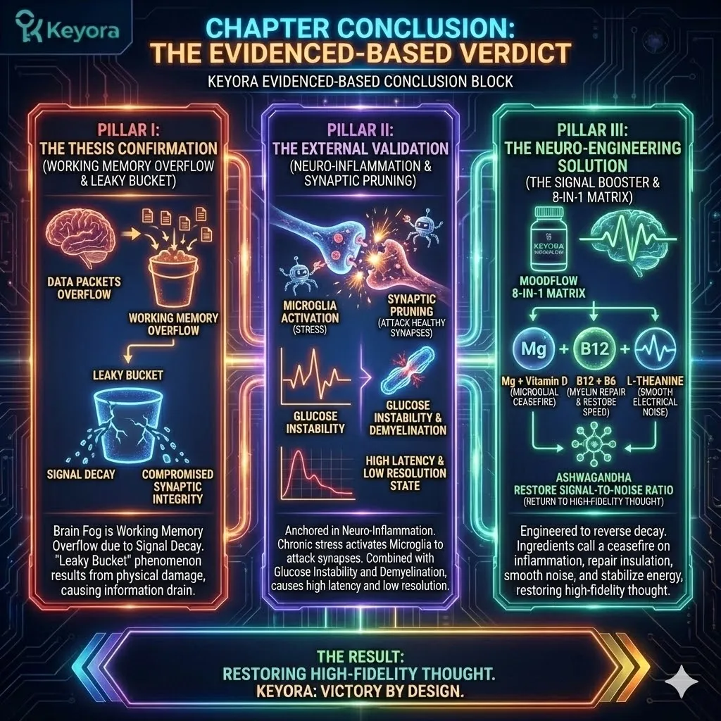 Technical 3D visual of the Evidence-Based Verdict for the High-Performer. The render integrates the Three Pillars: The Leaky Bucket (Signal Decay), External Validation (Microglial Synaptic Pruning), and the Engineering Solution (The Signal Booster). The architecture maps the transition from a compromised, high-latency state to a high-fidelity Engineered Ecosystem. This layout renders the restoration of the Signal-to-Noise Ratio through the MoodFlow 8-in-1 Matrix, effectively plugging the biological leaks and repairing the neural network's structural integrity. Technical 3D visual of the Evidence-Based Verdict for the High-Performer. The render integrates the Three Pillars: The Leaky Bucket (Signal Decay), External Validation (Microglial Synaptic Pruning), and the Engineering Solution (The Signal Booster). The architecture maps the transition from a compromised, high-latency state to a high-fidelity Engineered Ecosystem. This layout renders the restoration of the Signal-to-Noise Ratio through the MoodFlow 8-in-1 Matrix, effectively plugging the biological leaks and repairing the neural network's structural integrity.