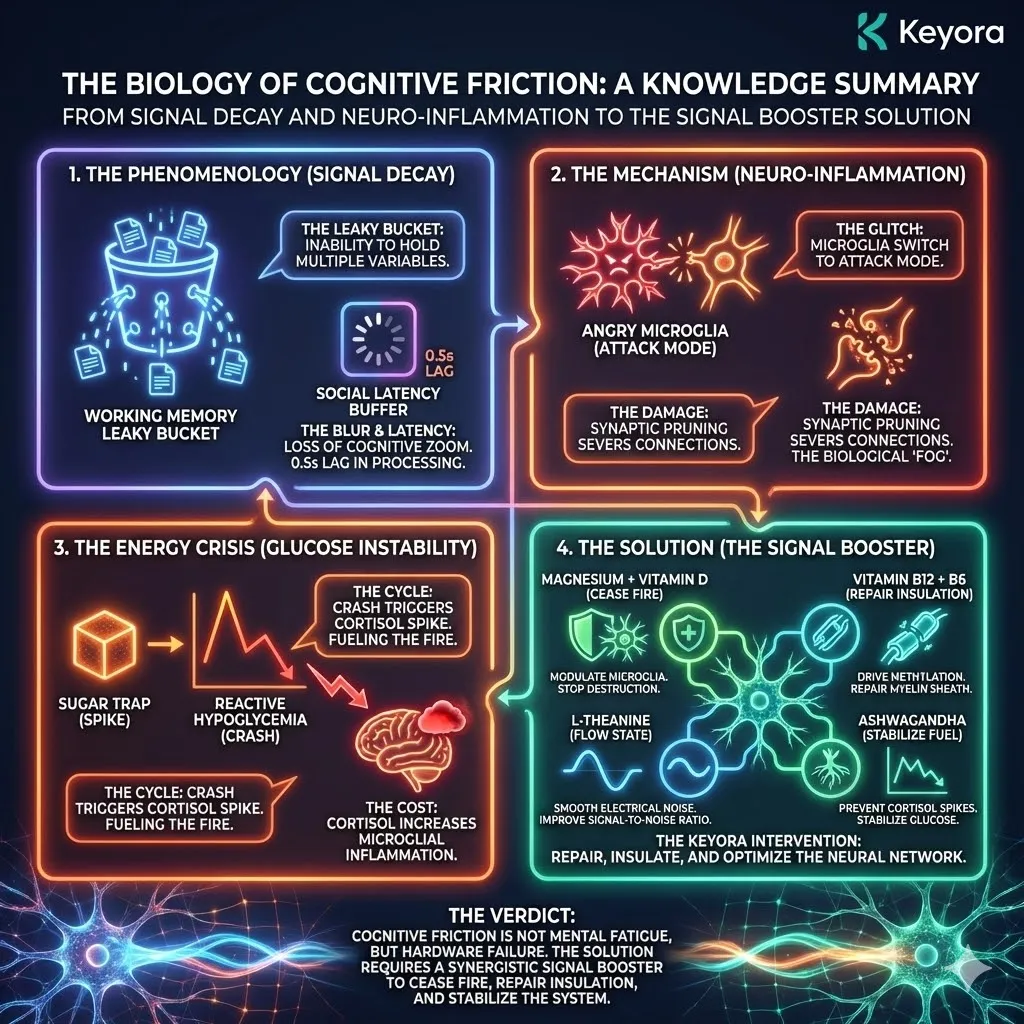 High-density 3D schematic of the "Signal Booster" architecture, mapping the transition from the fragmented noise of Working Memory Overflow to the high-fidelity state of restored Signal-to-Noise Ratio. The render illustrates the "Leaky Bucket" hardware failure being stabilized by the MoodFlow 8-in-1 Matrix: Vitamin D/Magnesium forcing a Microglial "Cease Fire," B-Vitamins repairing Myelin insulation, L-Theanine smoothing Alpha-wave flow, and Ashwagandha shielding against the Cortisol-Glucose loop. High-density 3D schematic of the "Signal Booster" architecture, mapping the transition from the fragmented noise of Working Memory Overflow to the high-fidelity state of restored Signal-to-Noise Ratio. The render illustrates the "Leaky Bucket" hardware failure being stabilized by the MoodFlow 8-in-1 Matrix: Vitamin D/Magnesium forcing a Microglial "Cease Fire," B-Vitamins repairing Myelin insulation, L-Theanine smoothing Alpha-wave flow, and Ashwagandha shielding against the Cortisol-Glucose loop.