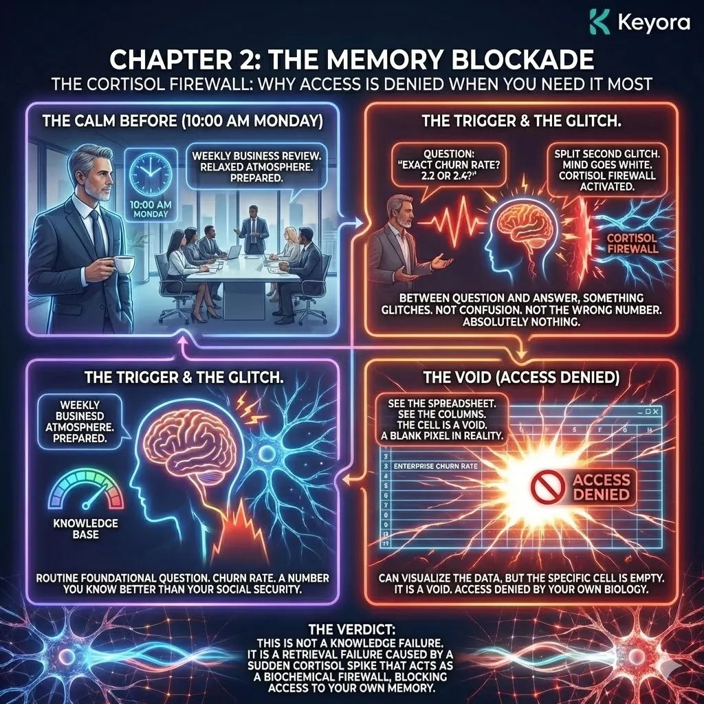Technical 3D visual of the "Memory Blockade" and the structural void in the Hippocampus. The render illustrates a complex data spreadsheet in the mind’s eye, where specific numerical cells are suddenly replaced by white light or empty voids. The architecture maps the instant of the "White Out," showing the internal disconnection between a routine query and the retrieval of foundational data. This layout renders the experience of the "blank pixel," where the biological hardware of recall is physically bypassed by a sudden cortical glitch. Technical 3D visual of the "Memory Blockade" and the structural void in the Hippocampus. The render illustrates a complex data spreadsheet in the mind’s eye, where specific numerical cells are suddenly replaced by white light or empty voids. The architecture maps the instant of the "White Out," showing the internal disconnection between a routine query and the retrieval of foundational data. This layout renders the experience of the "blank pixel," where the biological hardware of recall is physically bypassed by a sudden cortical glitch.