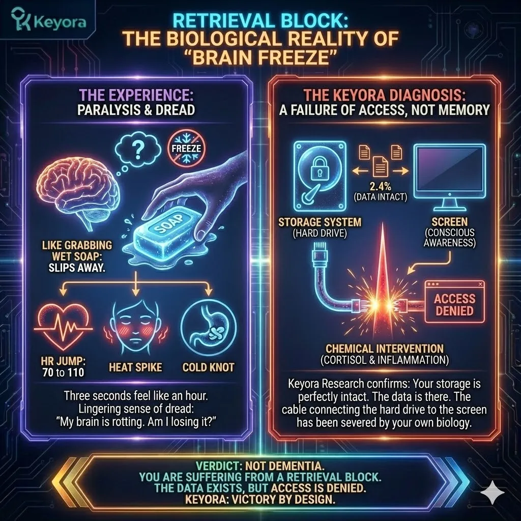 Technical 3D visual of the "Retrieval Block" and the severed connection to long-term storage. The render illustrates the "Hard Drive" of the Hippocampus being physically isolated from the "Screen" of conscious thought by a chemical barrier. This architecture captures the metabolic freeze and the "wet soap" sensation of memory recession. The layout renders the "White Out" as a structural access failure, where the data remains intact but the biological pathway for recall is temporarily terminated by a sudden neuro-chemical glitch. Technical 3D visual of the "Retrieval Block" and the severed connection to long-term storage. The render illustrates the "Hard Drive" of the Hippocampus being physically isolated from the "Screen" of conscious thought by a chemical barrier. This architecture captures the metabolic freeze and the "wet soap" sensation of memory recession. The layout renders the "White Out" as a structural access failure, where the data remains intact but the biological pathway for recall is temporarily terminated by a sudden neuro-chemical glitch.