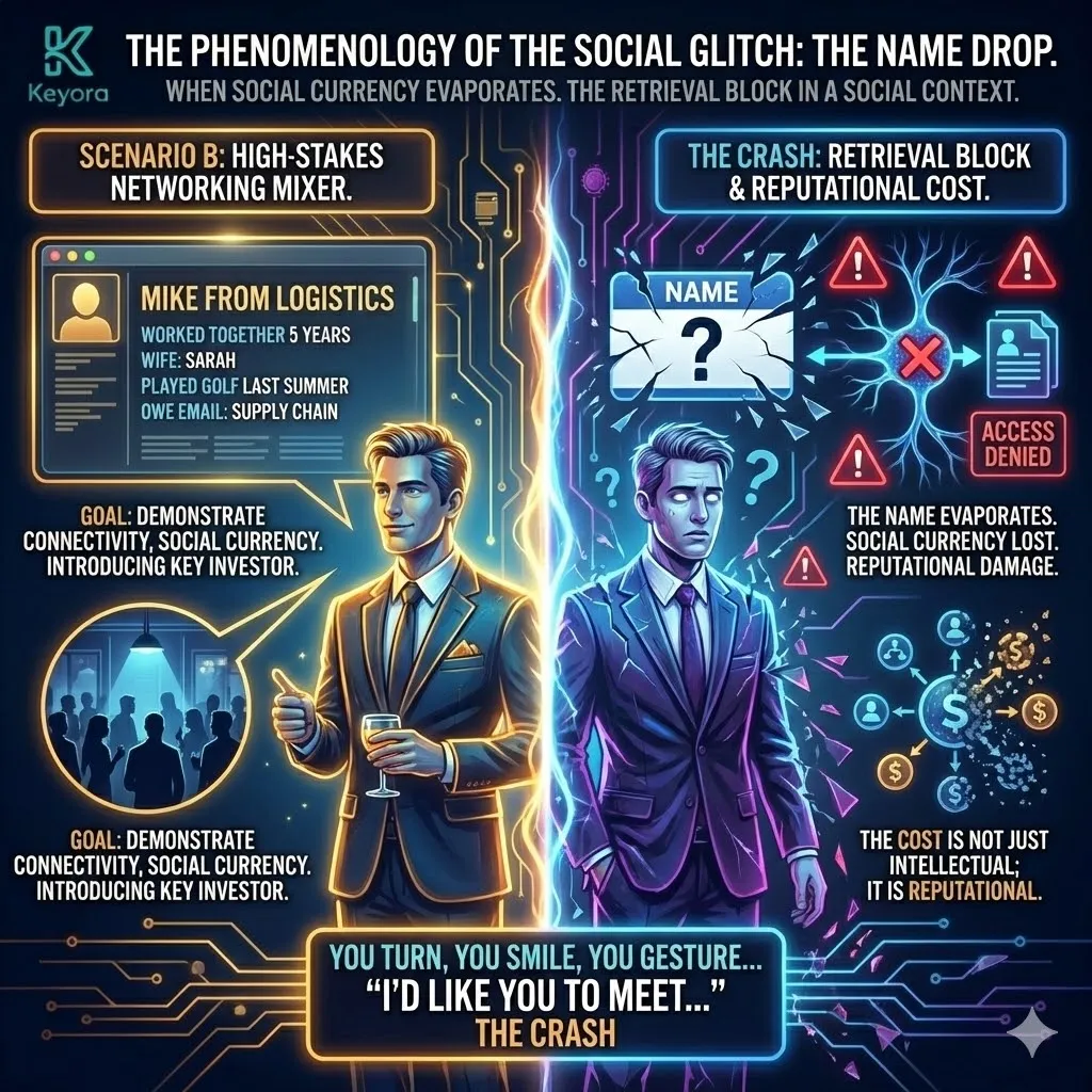 Technical 3D visual of the "Social Glitch" and the collapse of social currency. The render maps the "Crash" in the Prefrontal Cortex as the specific retrieval pathway for a familiar name is suddenly blocked. The architecture illustrates the "Name Drop" failure as a structural disconnection between high-level social navigation and the linguistic retrieval system. This layout renders the moment of reputation loss as a hardware-level blackout, where the biological link to deeply stored social data is severed mid-sentence. Technical 3D visual of the "Social Glitch" and the collapse of social currency. The render maps the "Crash" in the Prefrontal Cortex as the specific retrieval pathway for a familiar name is suddenly blocked. The architecture illustrates the "Name Drop" failure as a structural disconnection between high-level social navigation and the linguistic retrieval system. This layout renders the moment of reputation loss as a hardware-level blackout, where the biological link to deeply stored social data is severed mid-sentence.