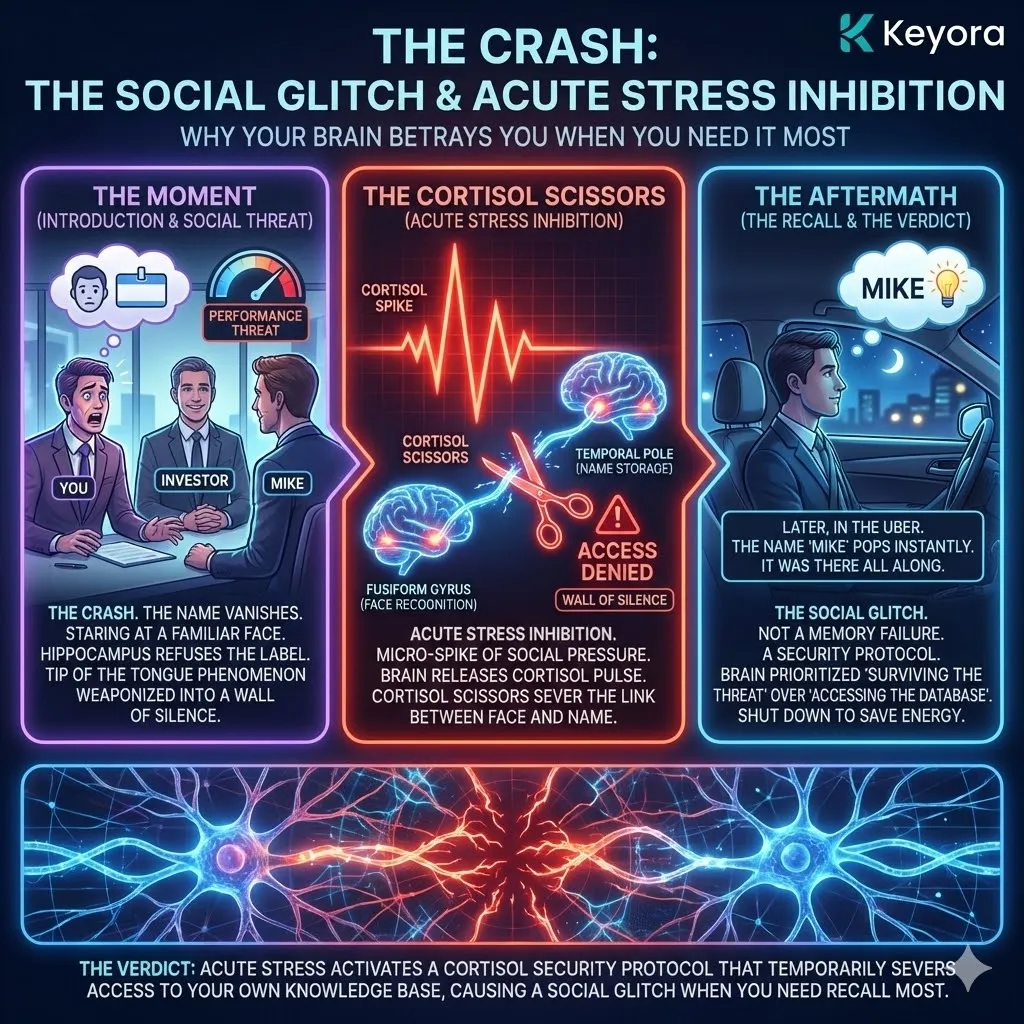 Technical 3D visual of the "Acute Stress Inhibition" security protocol. The render maps the "Social Glitch" as a Cortisol pulse severing the electrical link between the Fusiform Gyrus and the Temporal Pole. This architecture illustrates the transition from high-stakes facial recognition to a linguistic blackout, rendering the "Wall of Silence" as a biological defense mechanism where the brain shuts down its database to prioritize immediate social threat survival. Technical 3D visual of the "Acute Stress Inhibition" security protocol. The render maps the "Social Glitch" as a Cortisol pulse severing the electrical link between the Fusiform Gyrus and the Temporal Pole. This architecture illustrates the transition from high-stakes facial recognition to a linguistic blackout, rendering the "Wall of Silence" as a biological defense mechanism where the brain shuts down its database to prioritize immediate social threat survival.