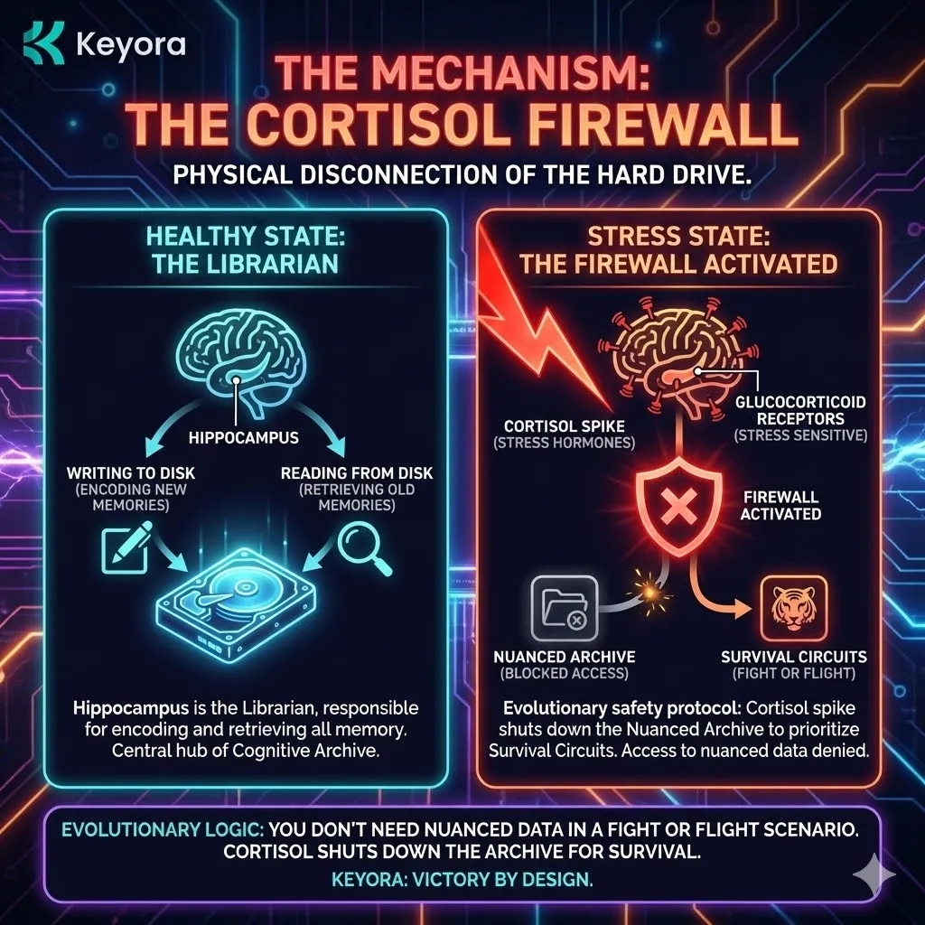 Technical 3D visual of the "Cortisol Firewall" and the architectural shutdown of the Hippocampus. The render maps the Librarian hub saturated with Glucocorticoid Receptors as they detect a Cortisol spike. This layout illustrates the "Evolutionary Logic" in action: the Nuanced Archive is physically disconnected, rerouting metabolic power to the primitive Survival Circuits. This architecture renders the memory blockade as a hardware-level safety protocol that prioritizes motor survival over intellectual retrieval. Technical 3D visual of the "Cortisol Firewall" and the architectural shutdown of the Hippocampus. The render maps the Librarian hub saturated with Glucocorticoid Receptors as they detect a Cortisol spike. This layout illustrates the "Evolutionary Logic" in action: the Nuanced Archive is physically disconnected, rerouting metabolic power to the primitive Survival Circuits. This architecture renders the memory blockade as a hardware-level safety protocol that prioritizes motor survival over intellectual retrieval.