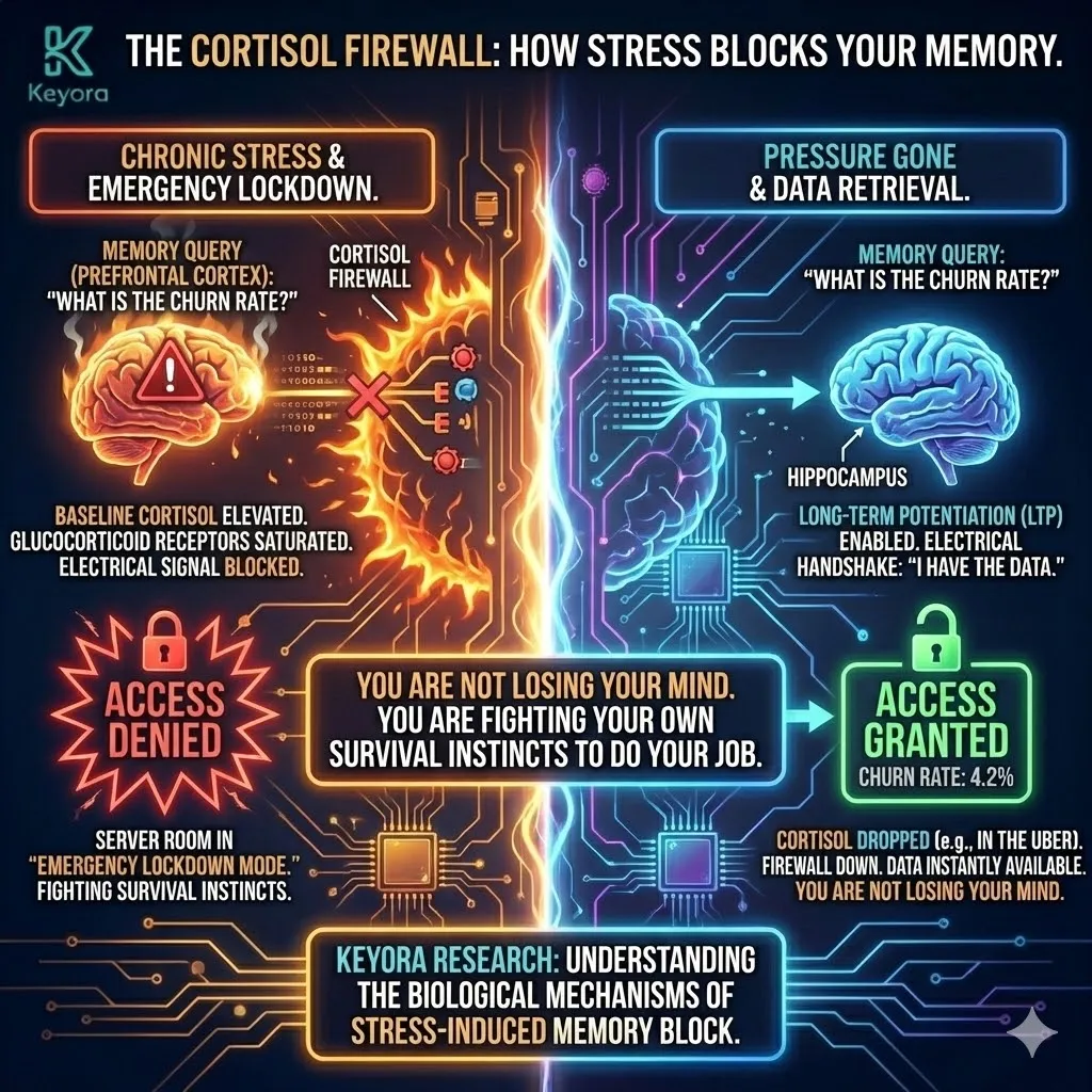 Technical 3D visual of the "Cortisol Firewall" in Emergency Lockdown Mode. The render maps the Hippocampus saturated by Glucocorticoid Receptors, physically blocking the Long-Term Potentiation (LTP) electrical handshake. This architecture illustrates the "Access Denied" state where the Prefrontal Cortex's data query is terminated by high baseline stress. The layout renders the transition to the "Uber effect," showing the firewall dissolving as cortisol drops and the data link is restored. Technical 3D visual of the "Cortisol Firewall" in Emergency Lockdown Mode. The render maps the Hippocampus saturated by Glucocorticoid Receptors, physically blocking the Long-Term Potentiation (LTP) electrical handshake. This architecture illustrates the "Access Denied" state where the Prefrontal Cortex's data query is terminated by high baseline stress. The layout renders the transition to the "Uber effect," showing the firewall dissolving as cortisol drops and the data link is restored.