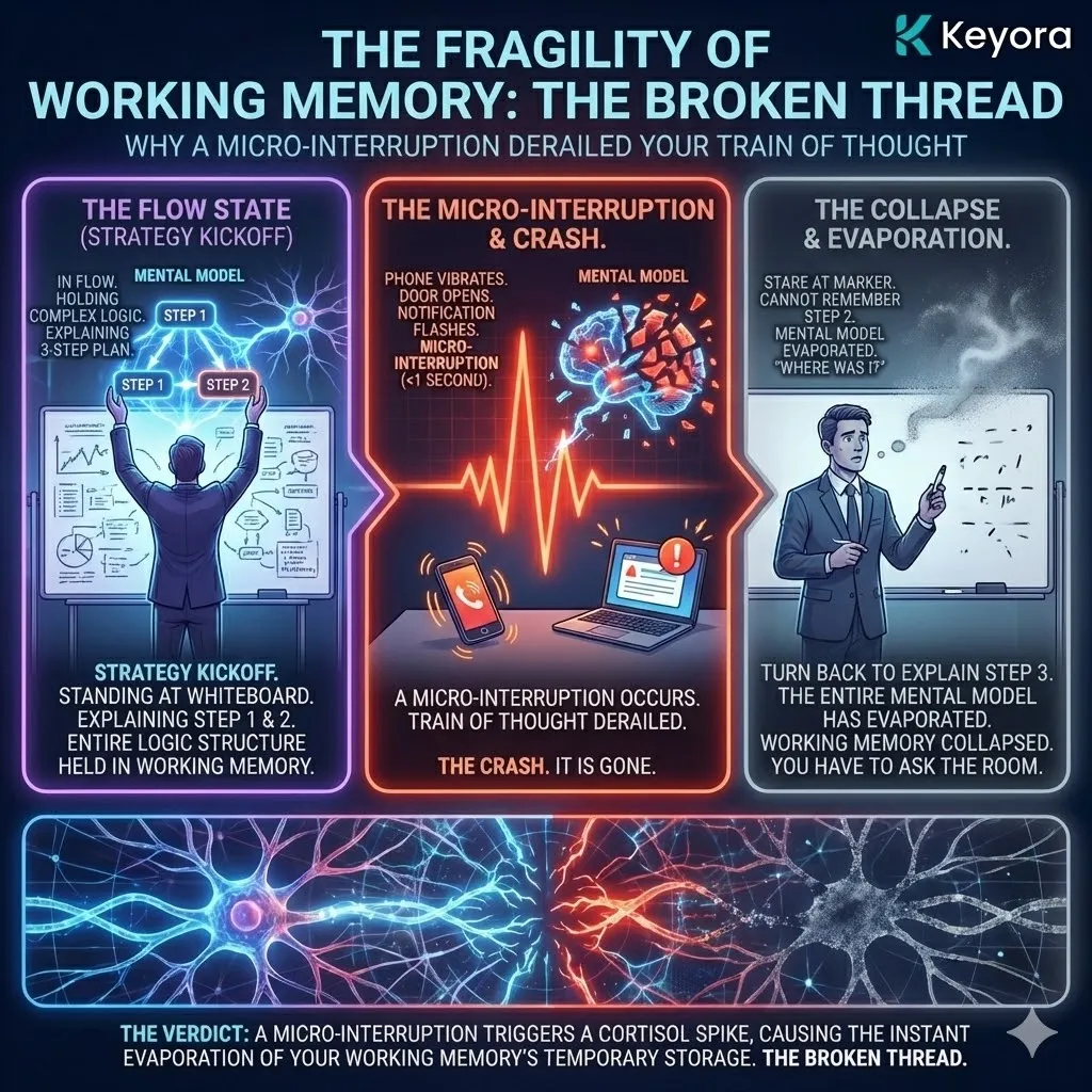 Technical 3D visual of the "Broken Thread" and Working Memory collapse. The render maps the architectural "Derailed Train of Thought" where a micro-interruption shatters a high-resolution logic structure. This layout renders the evaporation of the mental model as a metabolic crash, showing the physical fragmentation of Step 3 as the biological thread snaps. The architecture illustrates the transition from high-fidelity flow to a structural void in the whiteboard sequence. Technical 3D visual of the "Broken Thread" and Working Memory collapse. The render maps the architectural "Derailed Train of Thought" where a micro-interruption shatters a high-resolution logic structure. This layout renders the evaporation of the mental model as a metabolic crash, showing the physical fragmentation of Step 3 as the biological thread snaps. The architecture illustrates the transition from high-fidelity flow to a structural void in the whiteboard sequence.