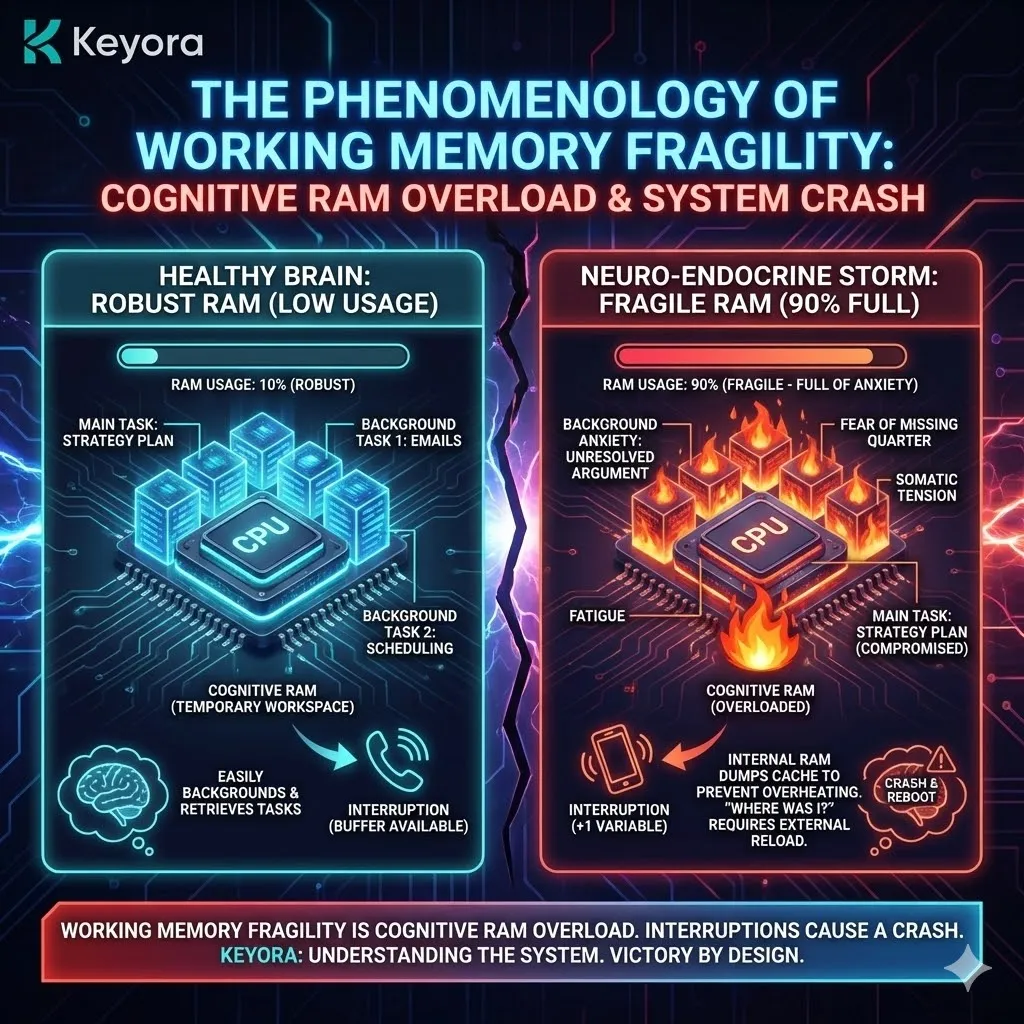 Technical 3D visual of "Working Memory Fragility" and the Cognitive RAM Overflow. The render maps a 90% saturated neural buffer, where background processes like somatic tension and anxiety occupy the primary logic space. The architecture illustrates the "System Crash" triggered by a single micro-interruption, forcing an immediate cache dump. This layout renders the "Reboot" state as a hardware-level recovery protocol required when internal RAM overflows due to background metabolic load. Technical 3D visual of "Working Memory Fragility" and the Cognitive RAM Overflow. The render maps a 90% saturated neural buffer, where background processes like somatic tension and anxiety occupy the primary logic space. The architecture illustrates the "System Crash" triggered by a single micro-interruption, forcing an immediate cache dump. This layout renders the "Reboot" state as a hardware-level recovery protocol required when internal RAM overflows due to background metabolic load.