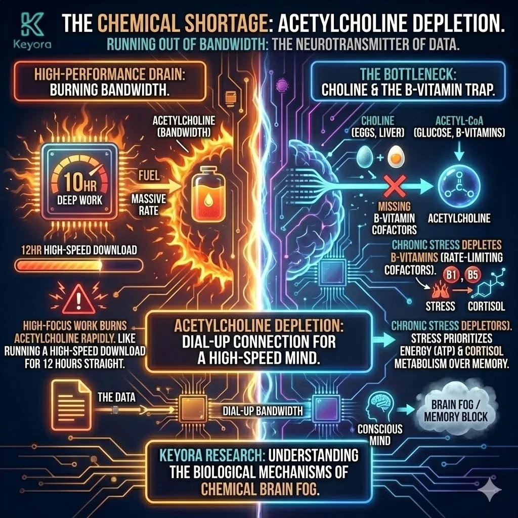 Technical 3D visual of "Acetylcholine Depletion" and the Neural Bandwidth Bottleneck. The render maps the synthesis failure where a shortage of B-Vitamin cofactors (B1/B5) prevents Choline from converting into Acetylcholine. This architecture illustrates the "Dial-Up" state, where data transmission lines are under-powered because metabolic resources have been diverted to Cortisol production. The layout renders the transition from high-speed "Deep Work" to a chemical fuel shortage, defining the resulting Brain Fog as a hardware-level bandwidth collapse. Technical 3D visual of "Acetylcholine Depletion" and the Neural Bandwidth Bottleneck. The render maps the synthesis failure where a shortage of B-Vitamin cofactors (B1/B5) prevents Choline from converting into Acetylcholine. This architecture illustrates the "Dial-Up" state, where data transmission lines are under-powered because metabolic resources have been diverted to Cortisol production. The layout renders the transition from high-speed "Deep Work" to a chemical fuel shortage, defining the resulting Brain Fog as a hardware-level bandwidth collapse.
