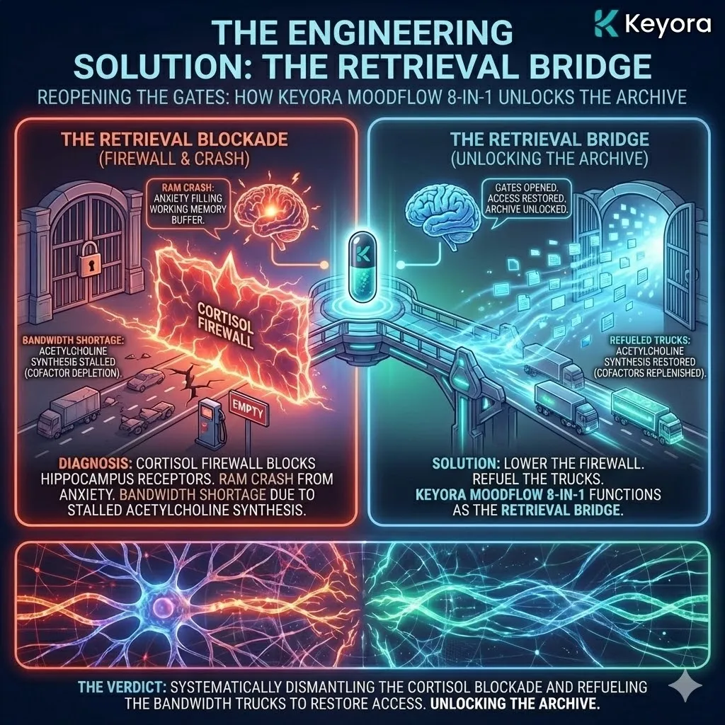 Technical 3D visual of "The Retrieval Bridge" architecture for neural data recovery. The render maps the MoodFlow 8-in-1 Matrix lowering the Cortisol Firewall and expanding Working Memory capacity. This layout illustrates the restoration of Acetylcholine synthesis, clearing the background "RAM" noise and re-establishing the electrical handshake for data retrieval. The architecture renders the transition from a blocked "Emergency Lockdown" state to a high-bandwidth, open-access archive. Technical 3D visual of "The Retrieval Bridge" architecture for neural data recovery. The render maps the MoodFlow 8-in-1 Matrix lowering the Cortisol Firewall and expanding Working Memory capacity. This layout illustrates the restoration of Acetylcholine synthesis, clearing the background "RAM" noise and re-establishing the electrical handshake for data retrieval. The architecture renders the transition from a blocked "Emergency Lockdown" state to a high-bandwidth, open-access archive.