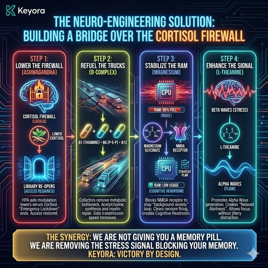 Technical 3D visual of "The Retrieval Bridge" and the dismantling of the Cortisol Firewall. The render illustrates a four-step sequence: Ashwagandha unlocking Hippocampal receptors, B-Complex refueling Acetylcholine bandwidth, Magnesium clearing background RAM static, and L-Theanine smoothing the signal into Alpha-state focus. This architecture maps the transition from a blocked "Emergency Lockdown" to an open-access "Cognitive Headroom" state. Technical 3D visual of "The Retrieval Bridge" and the dismantling of the Cortisol Firewall. The render illustrates a four-step sequence: Ashwagandha unlocking Hippocampal receptors, B-Complex refueling Acetylcholine bandwidth, Magnesium clearing background RAM static, and L-Theanine smoothing the signal into Alpha-state focus. This architecture maps the transition from a blocked "Emergency Lockdown" to an open-access "Cognitive Headroom" state.